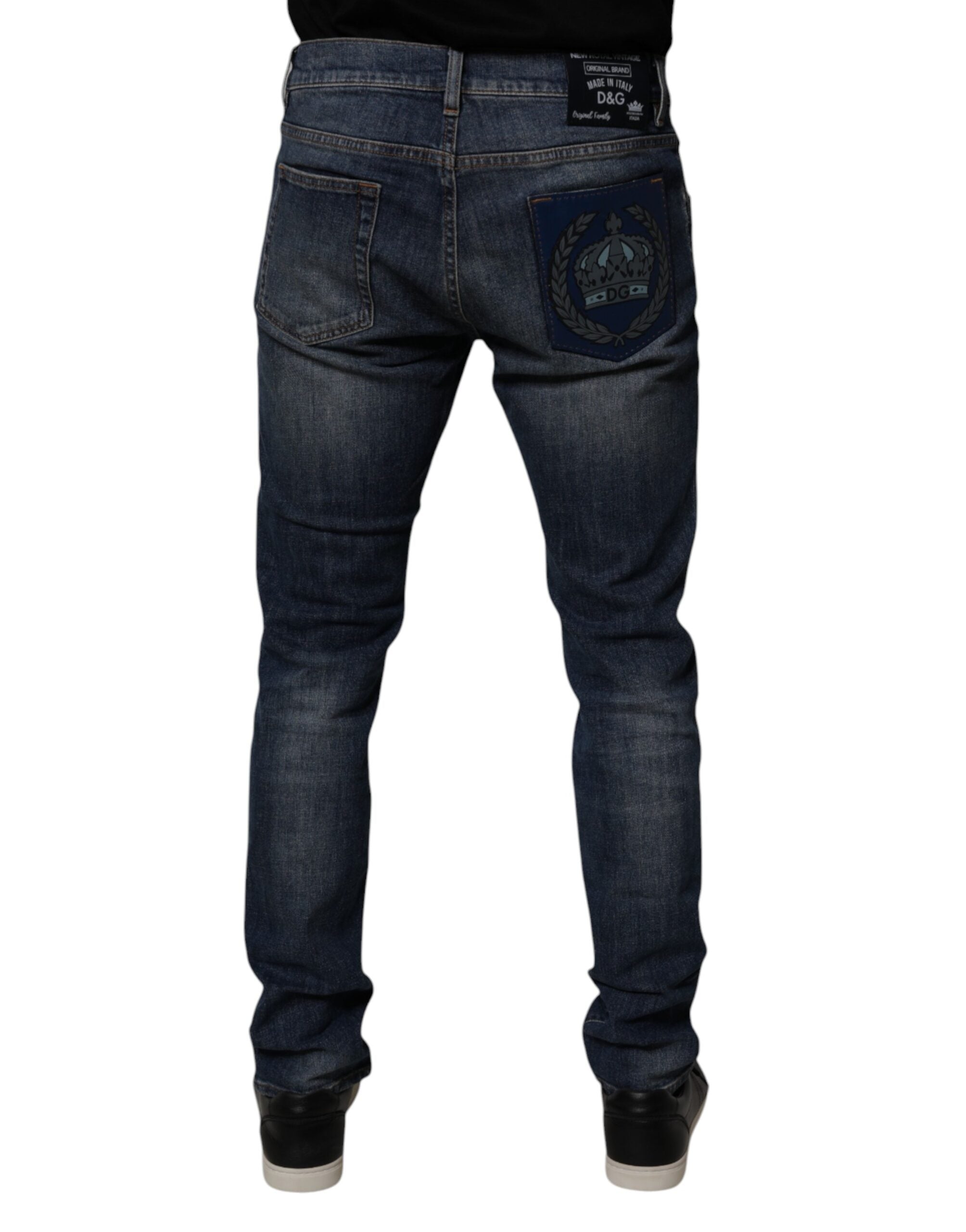 Dark Blue Cotton Leather Skinny Denim Jeans