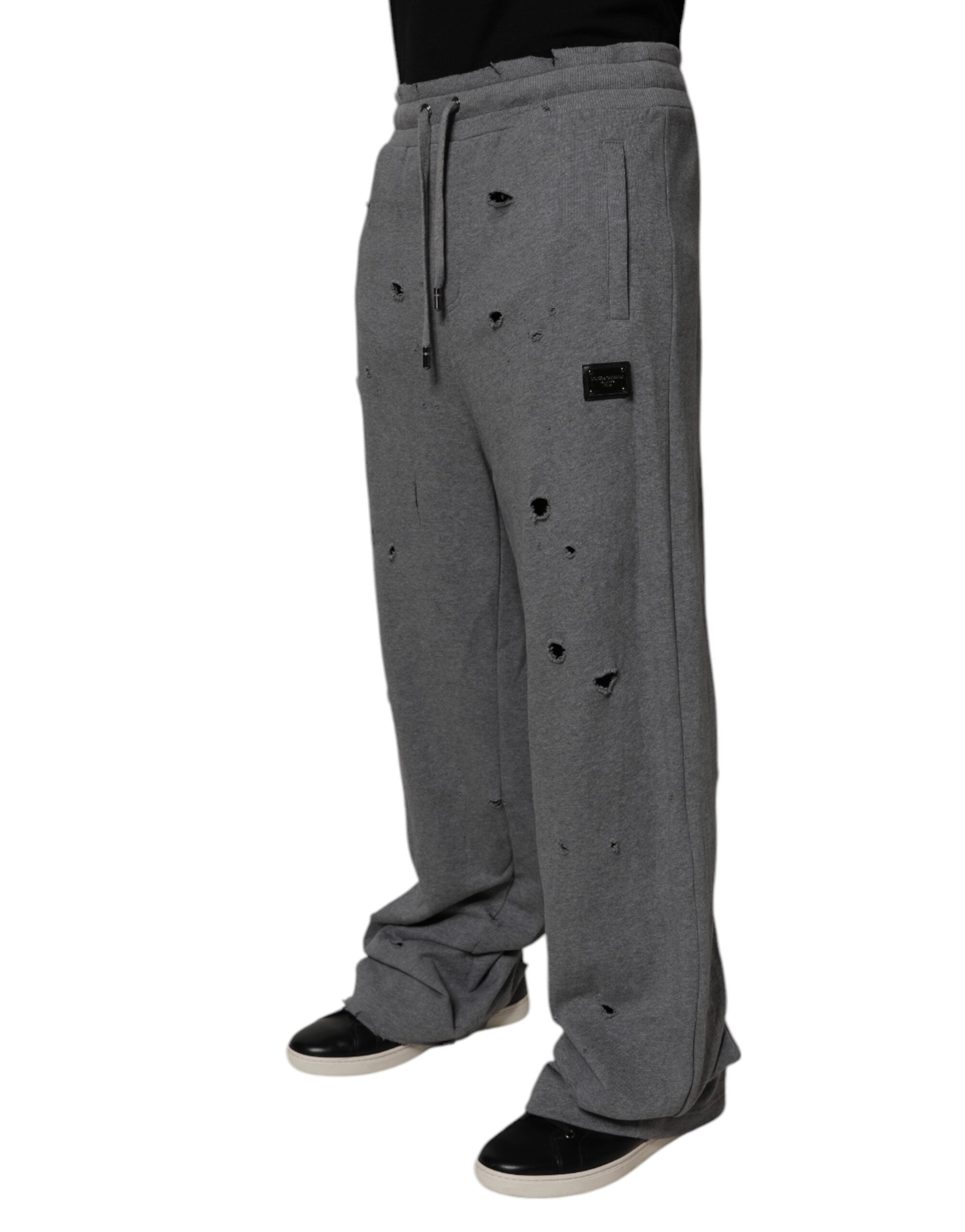 Gray Cotton RipStyle Straight Sweatpants Pants