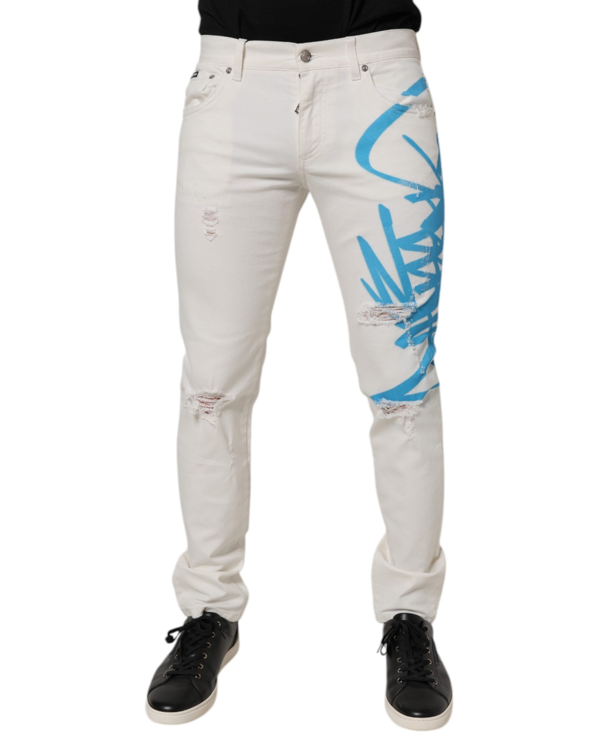 White Tattered Graffiti Skinny Denim Jeans