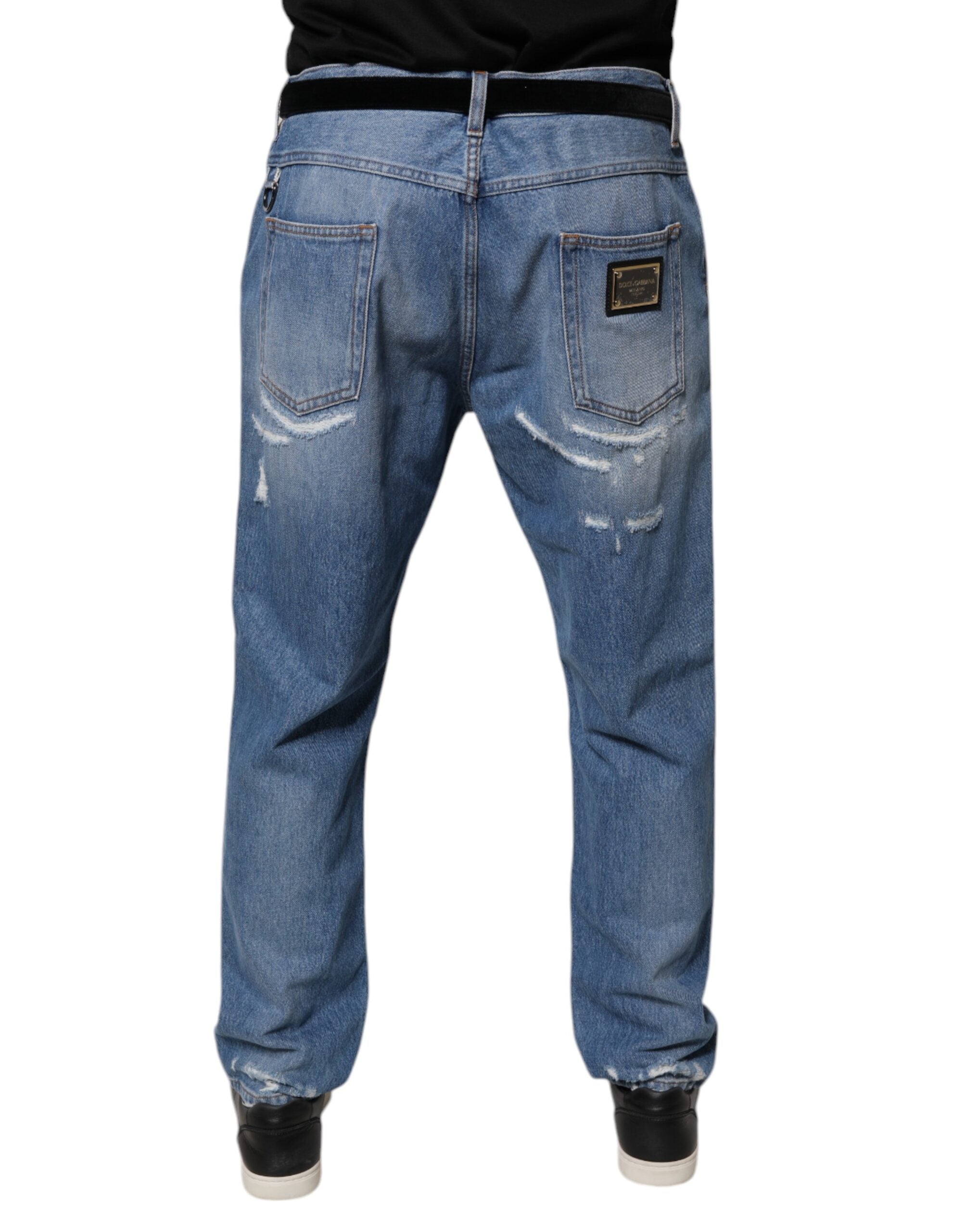 Blue Tattered Straight Cotton Denim Jeans