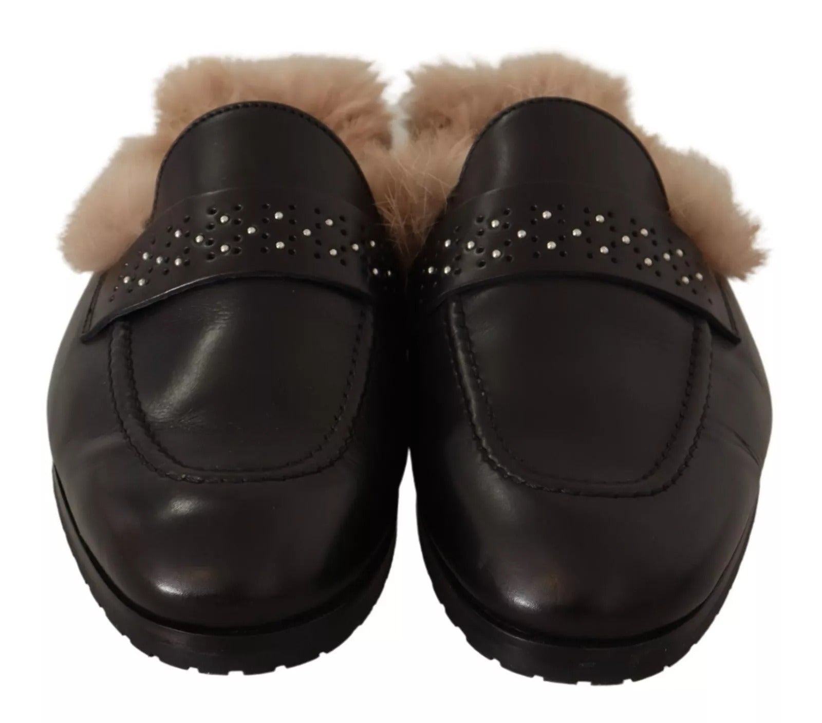 Black Leather Fur Perforated Slip On Flats Shoes