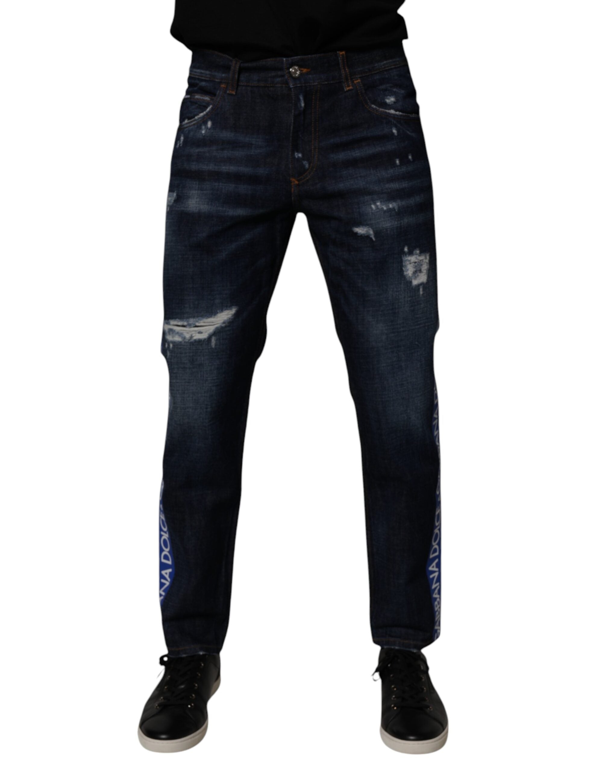 Dark Blue Cotton Tattered Skinny Denim Jeans