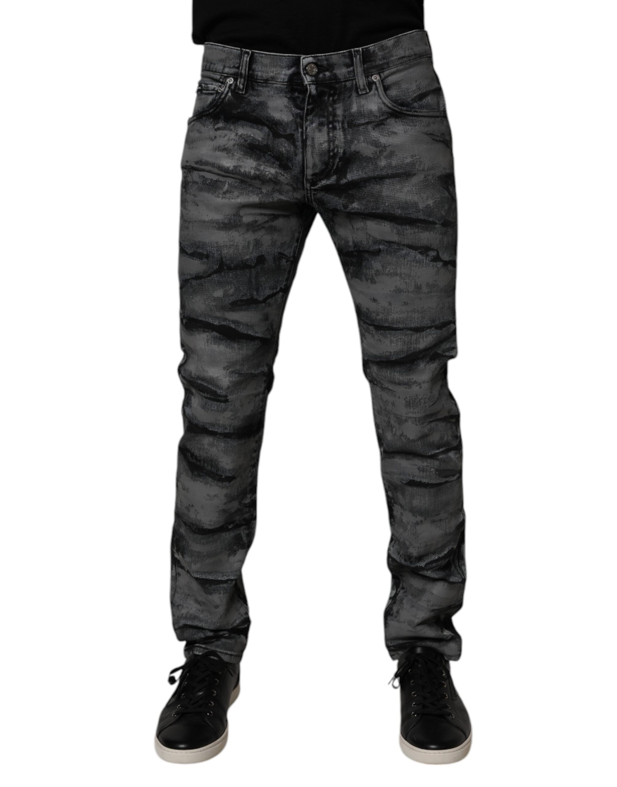 Gray Tie Dye Cotton Skinny Men Denim Jeans