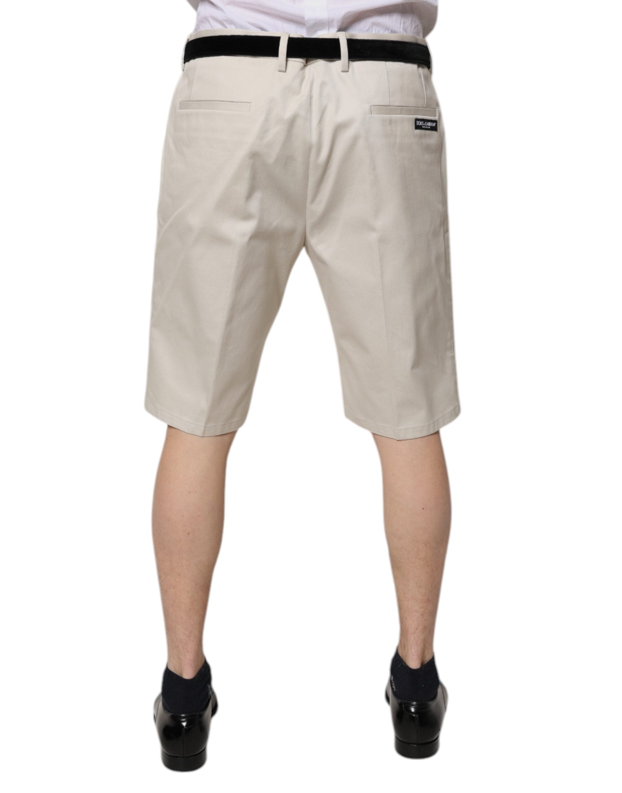 Beige Cotton Stretch Mid Waist Bermuda Shorts