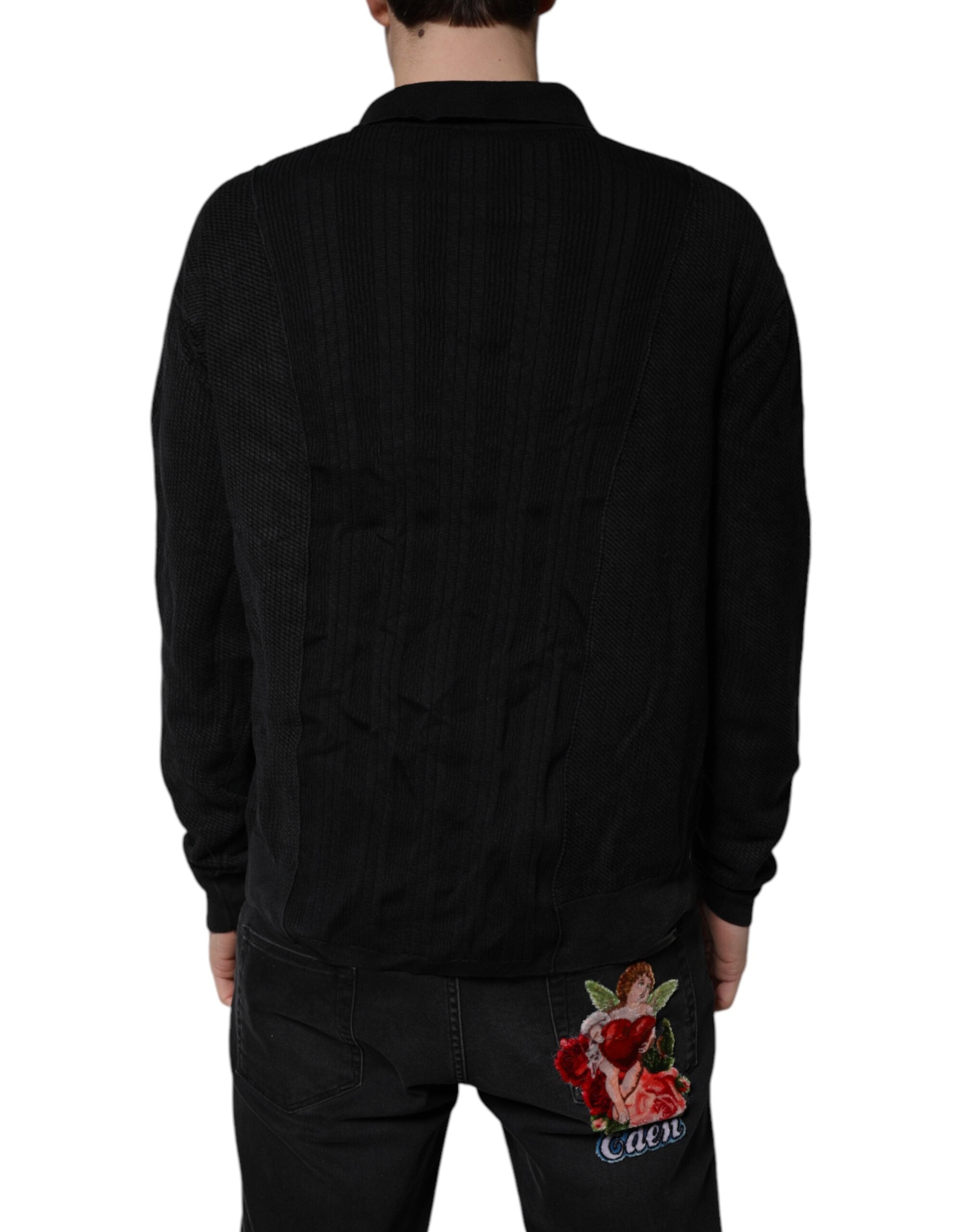 Black Heraldic Silk Buttoned Pullover Sweater
