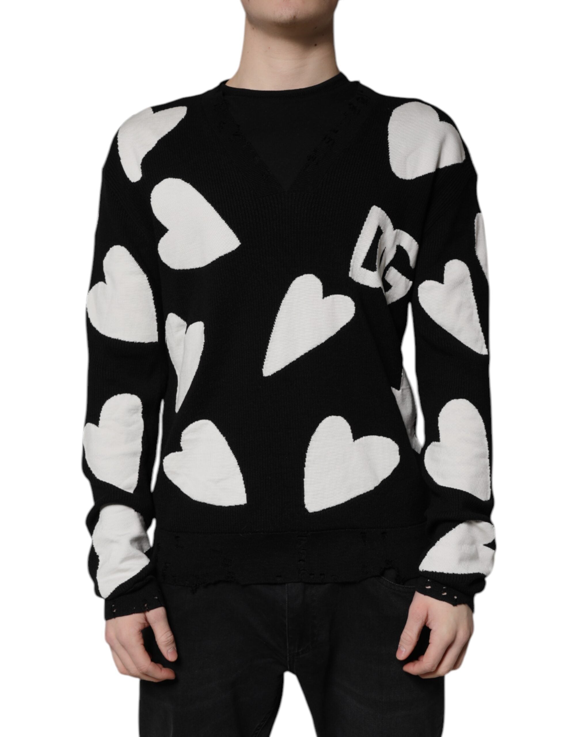 Black Hearts Silk Crew Neck Pullover Sweater