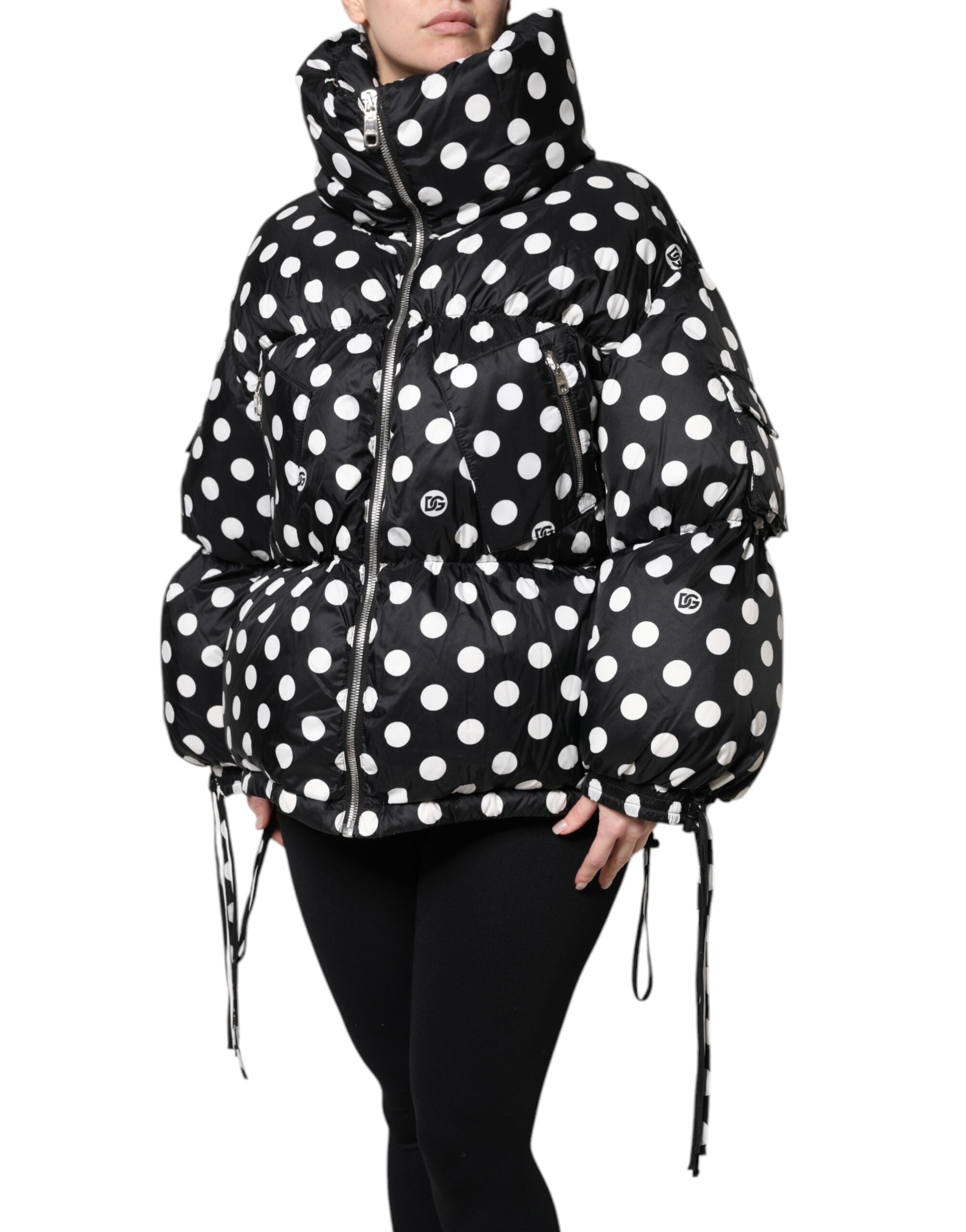 Black White Polka Dot Full Zip Puffer Jacket