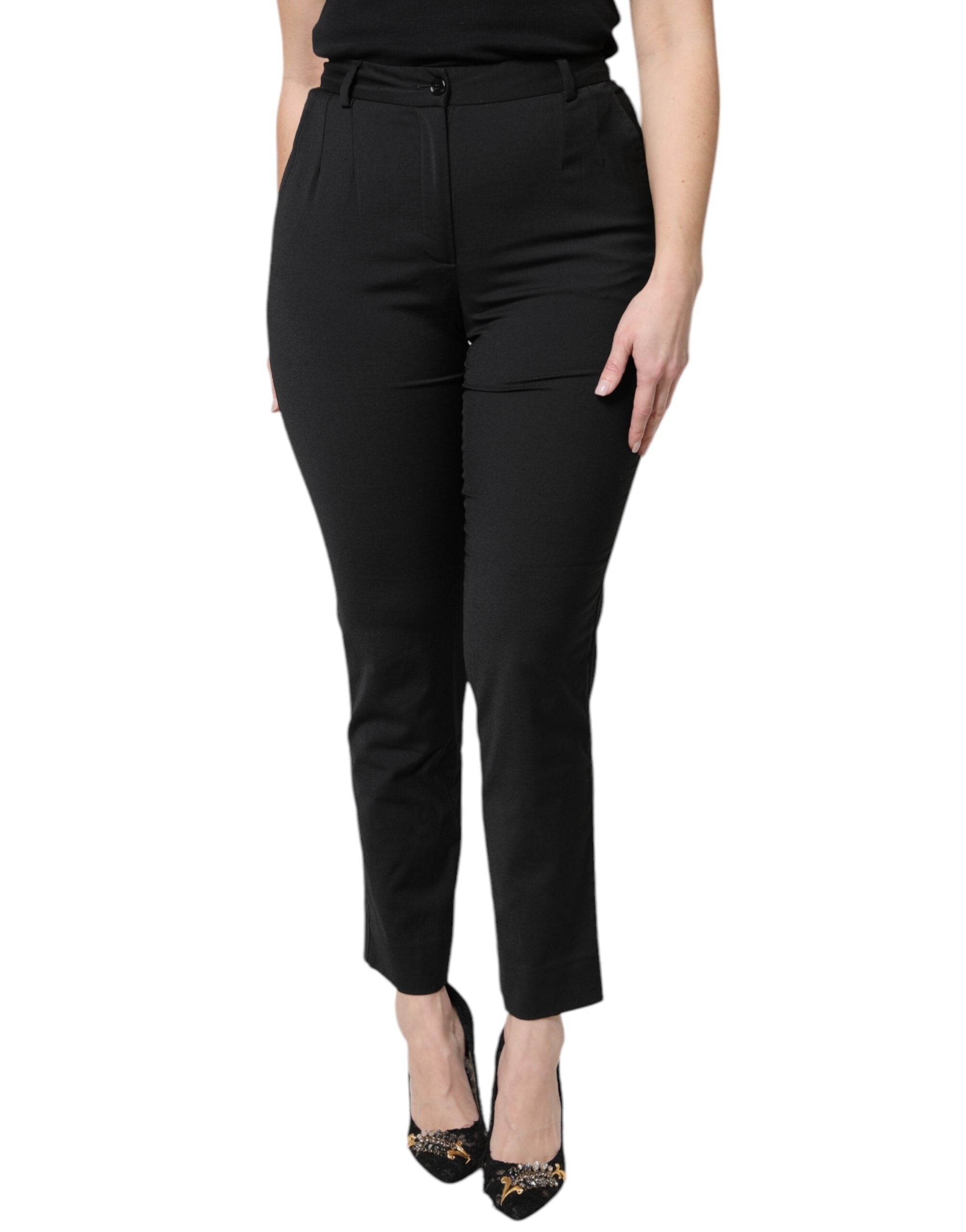 Black Polyester High Waist Slim Pants