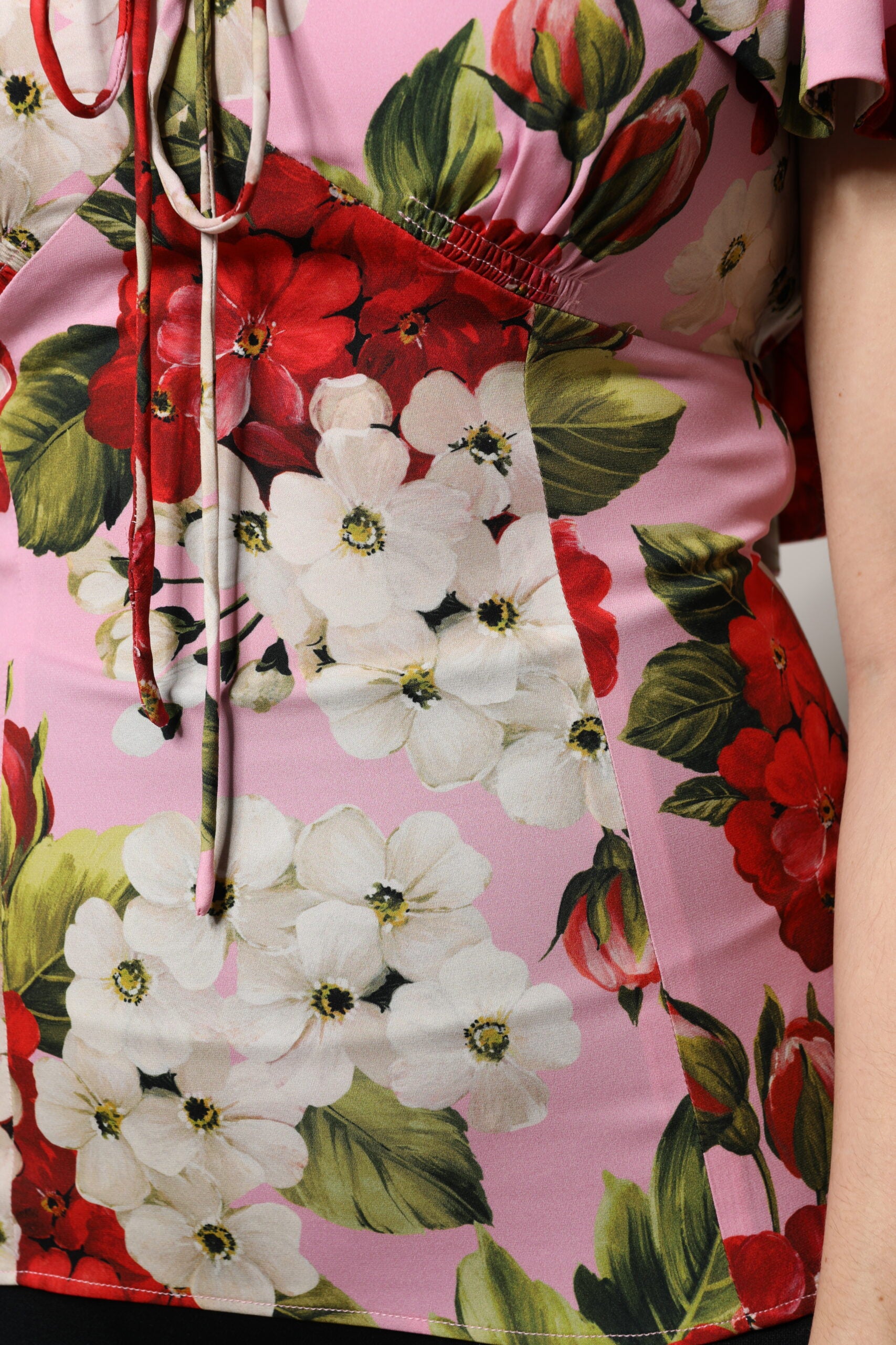 Pink Floral Silk Short Sleeves Blouse Top