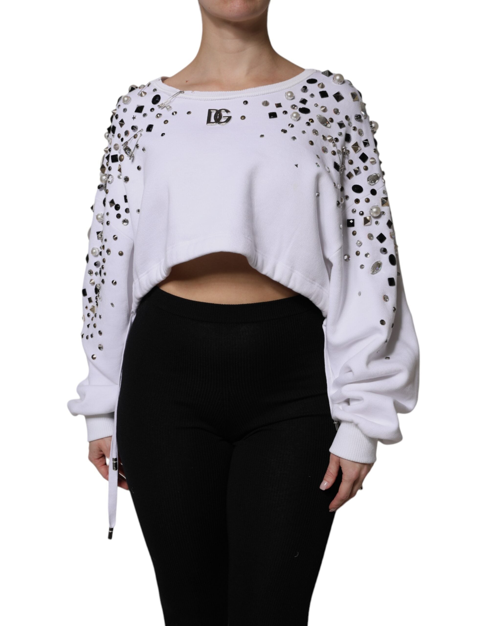 White Embellished Long Sleeve Cropped Sweater