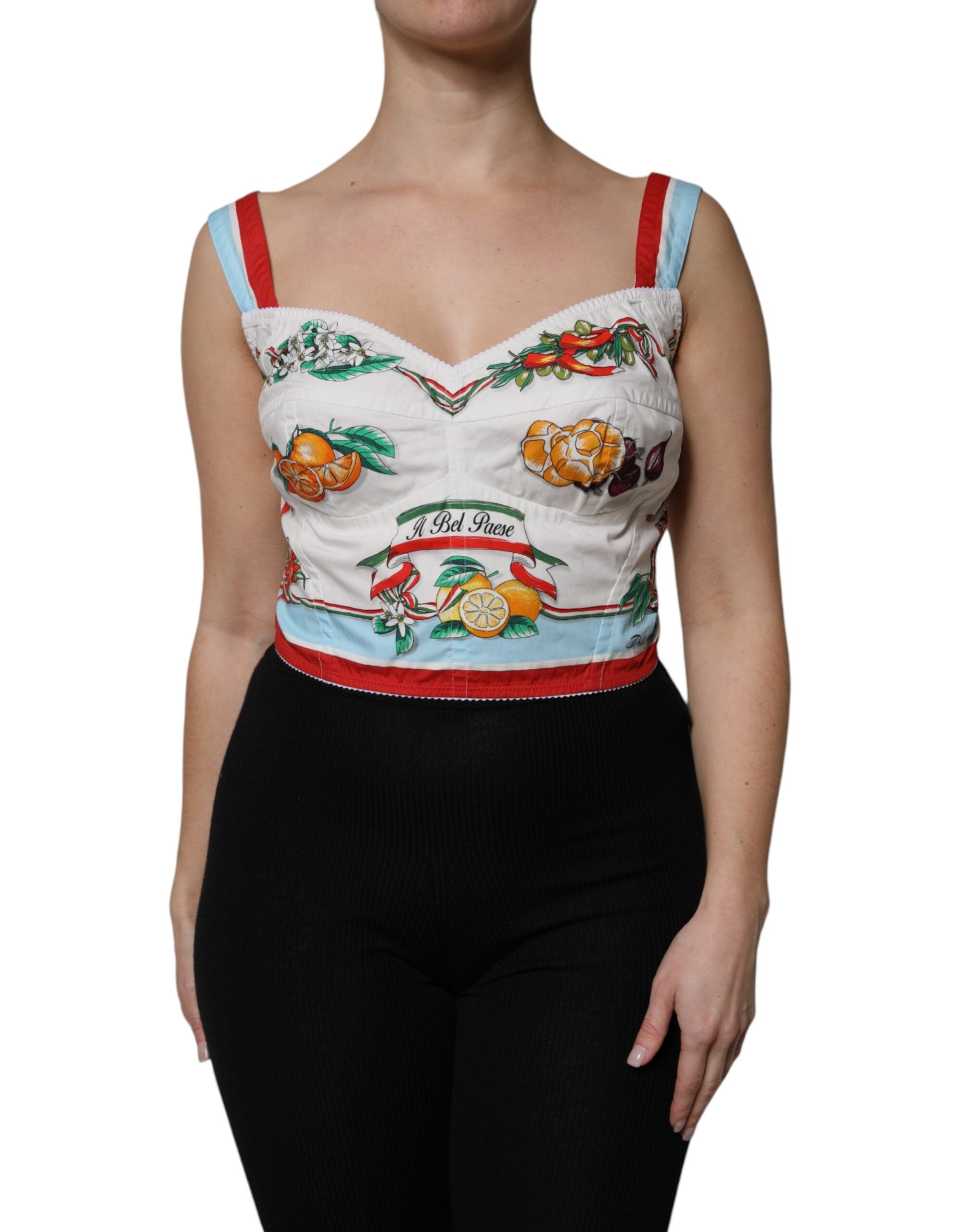 White Vegetable Print Sweetheart Cropped Top
