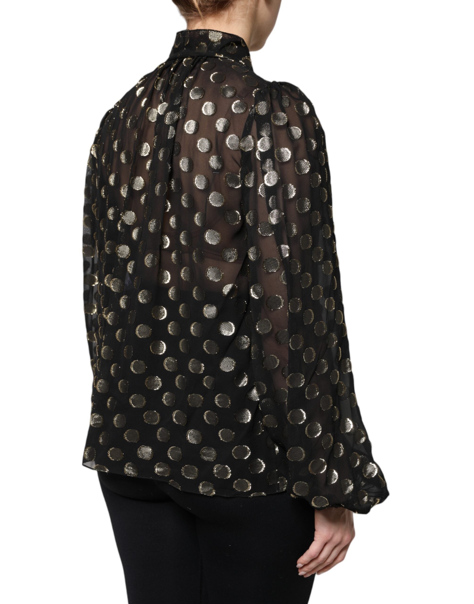 Black Sheer Tied Neck Polka Dots Blouse Top
