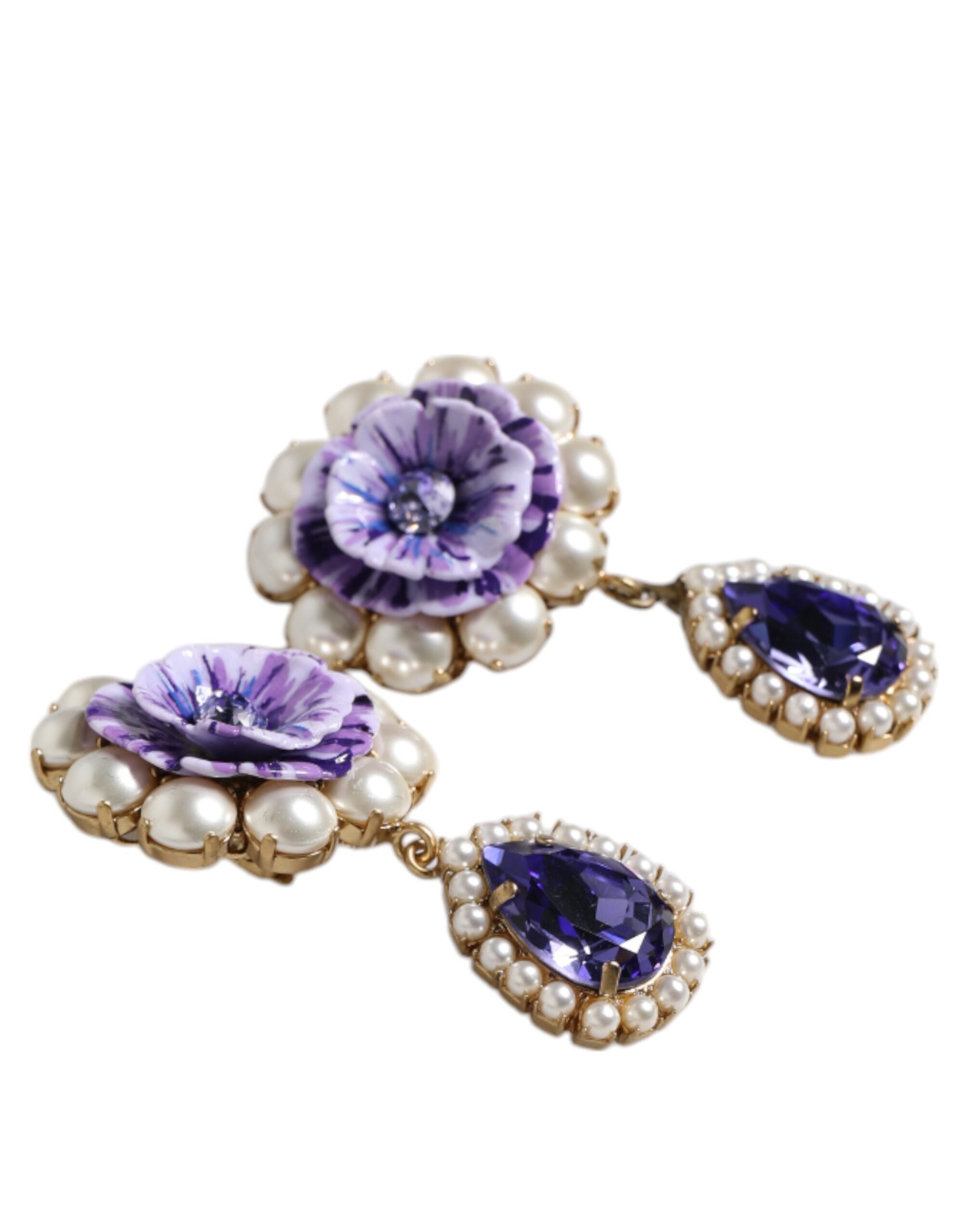 Purple Flower Pearl Teardrop Crystals Clip On Earrings