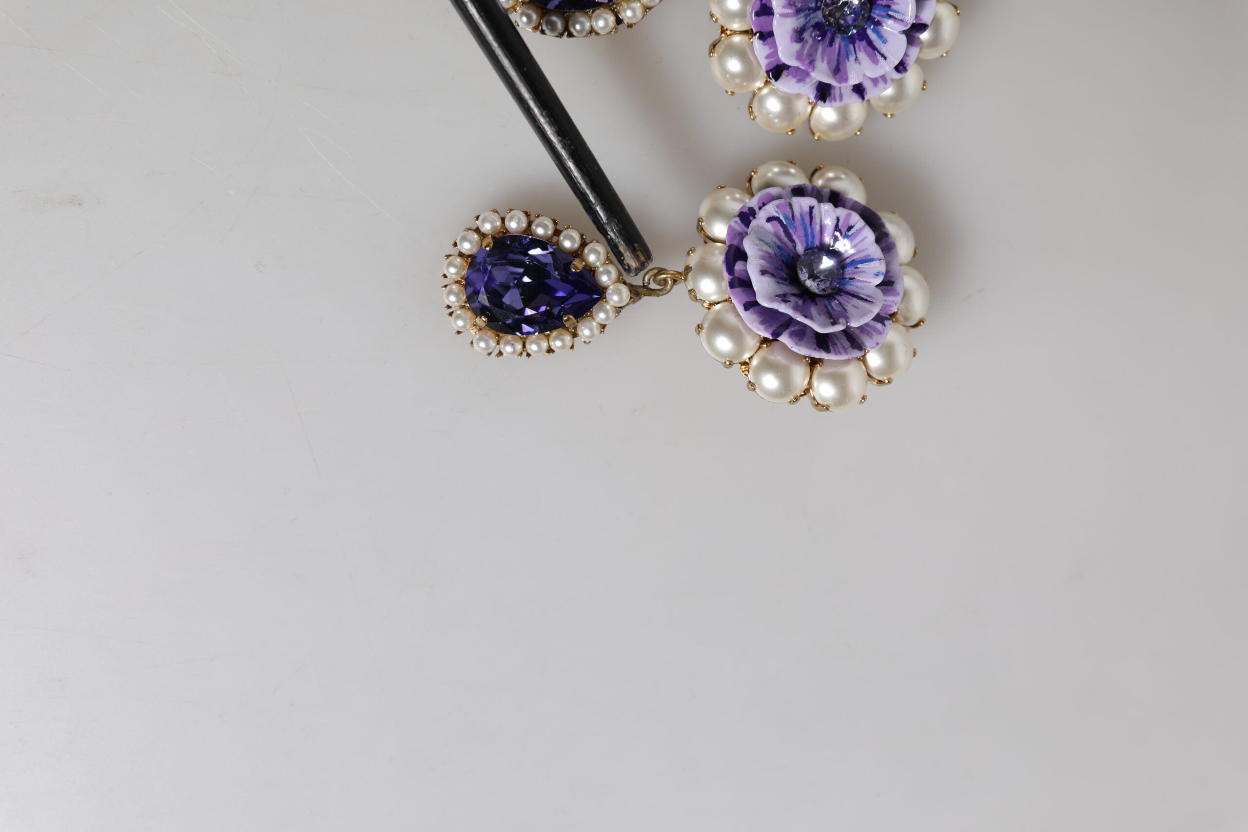 Purple Flower Pearl Teardrop Crystals Clip On Earrings
