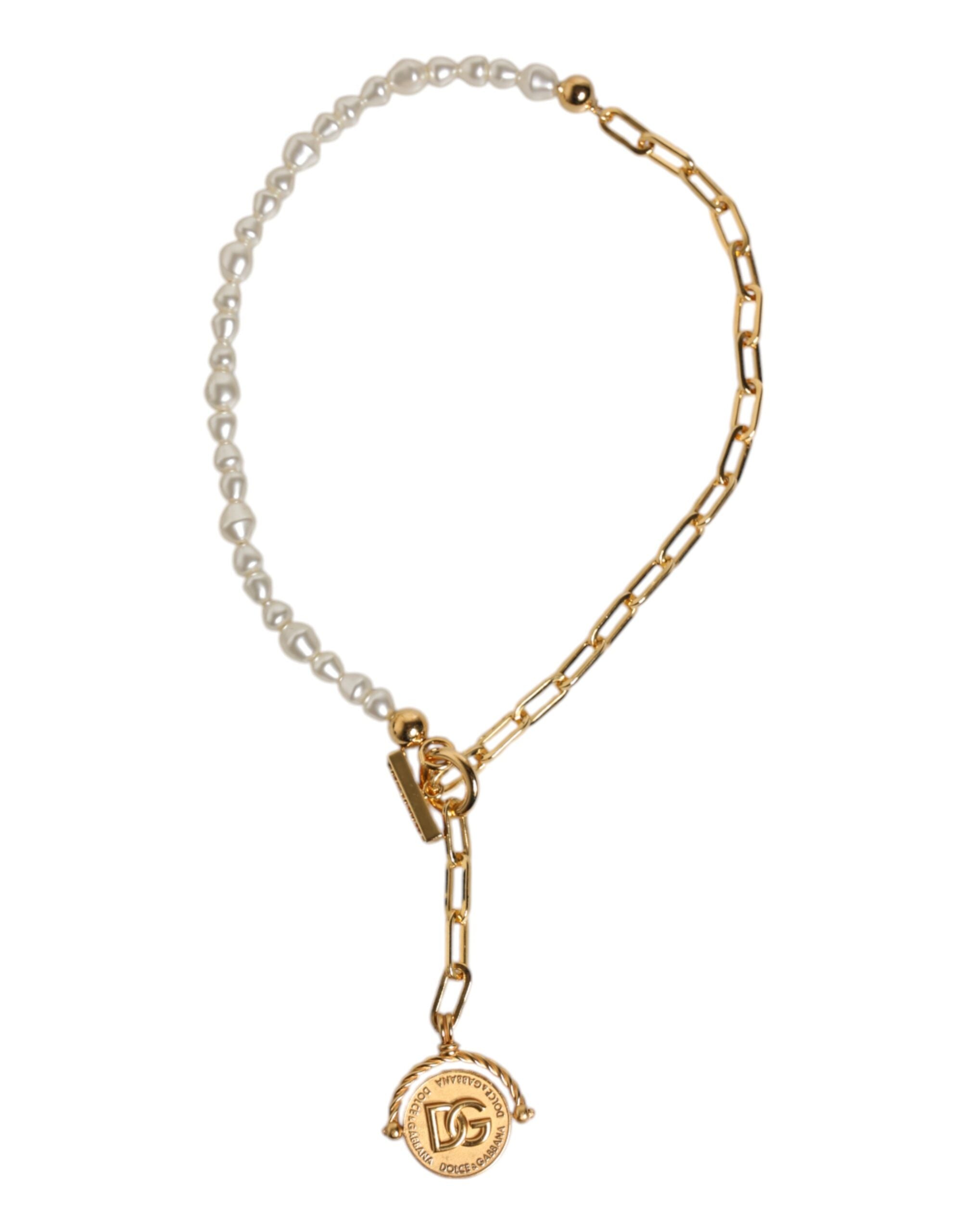 Gold Chain Brass Faux Pearl Charm Logo Pendant Necklace