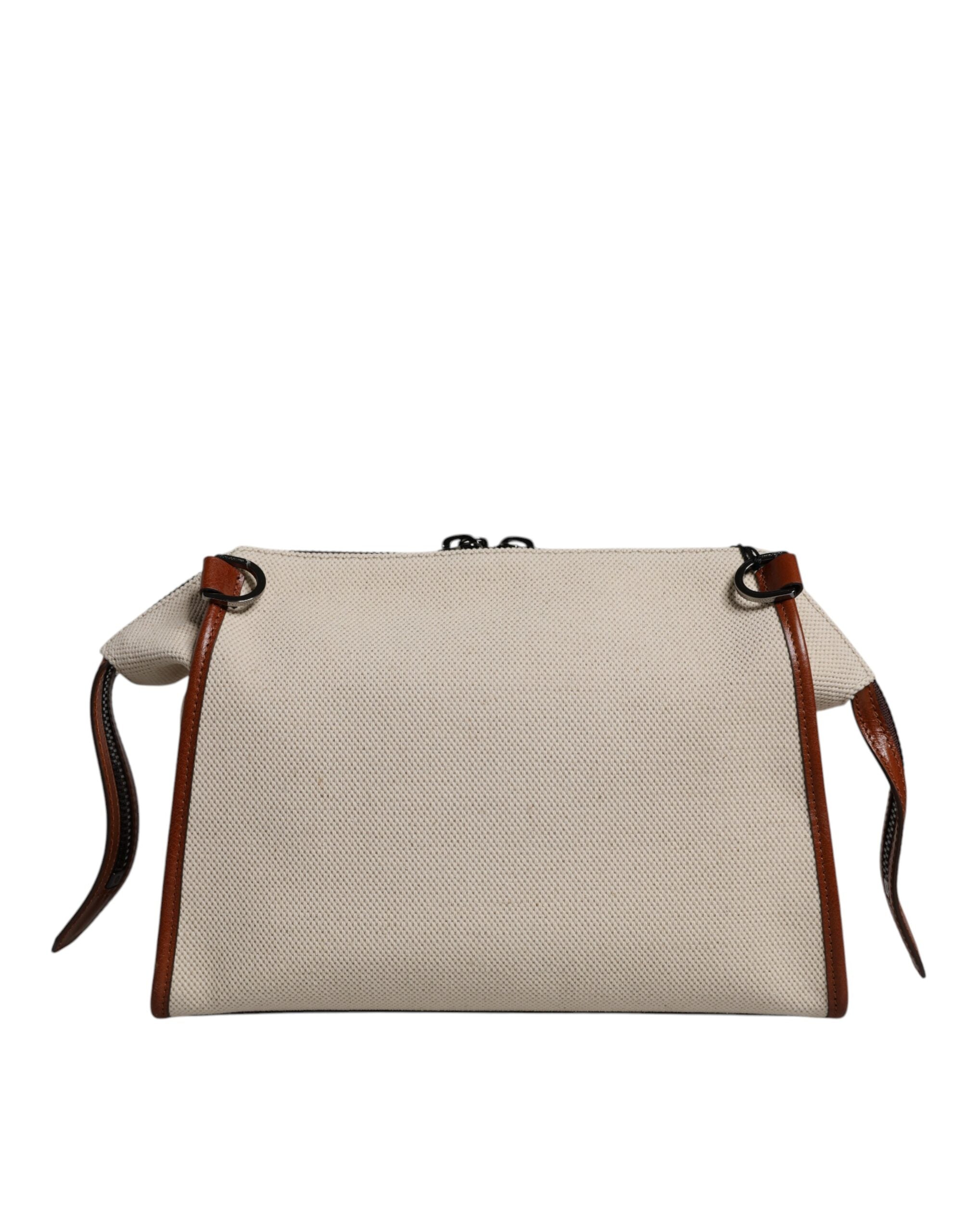 Beige Brown Cotton Leather Duffle Shoulder Bag