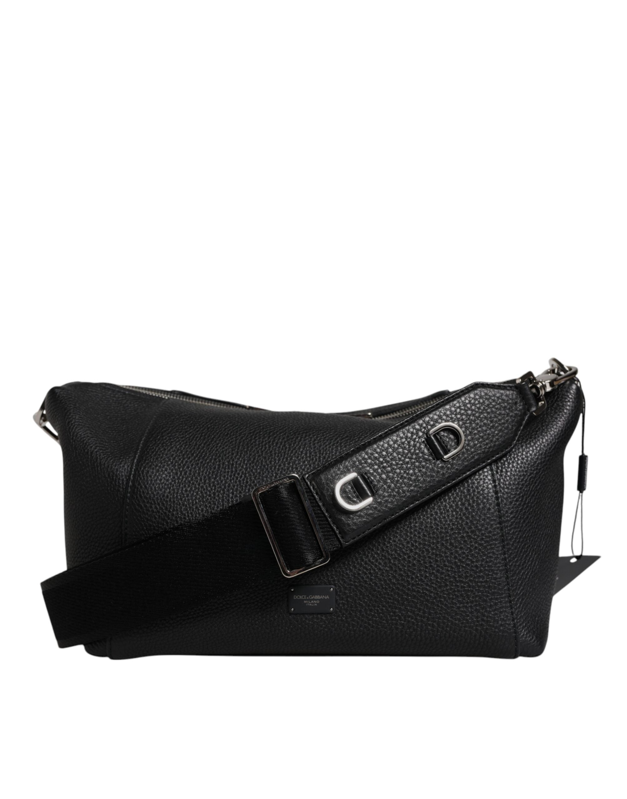 Black Leather Logo Plaque Shoulder Crossbody Bag