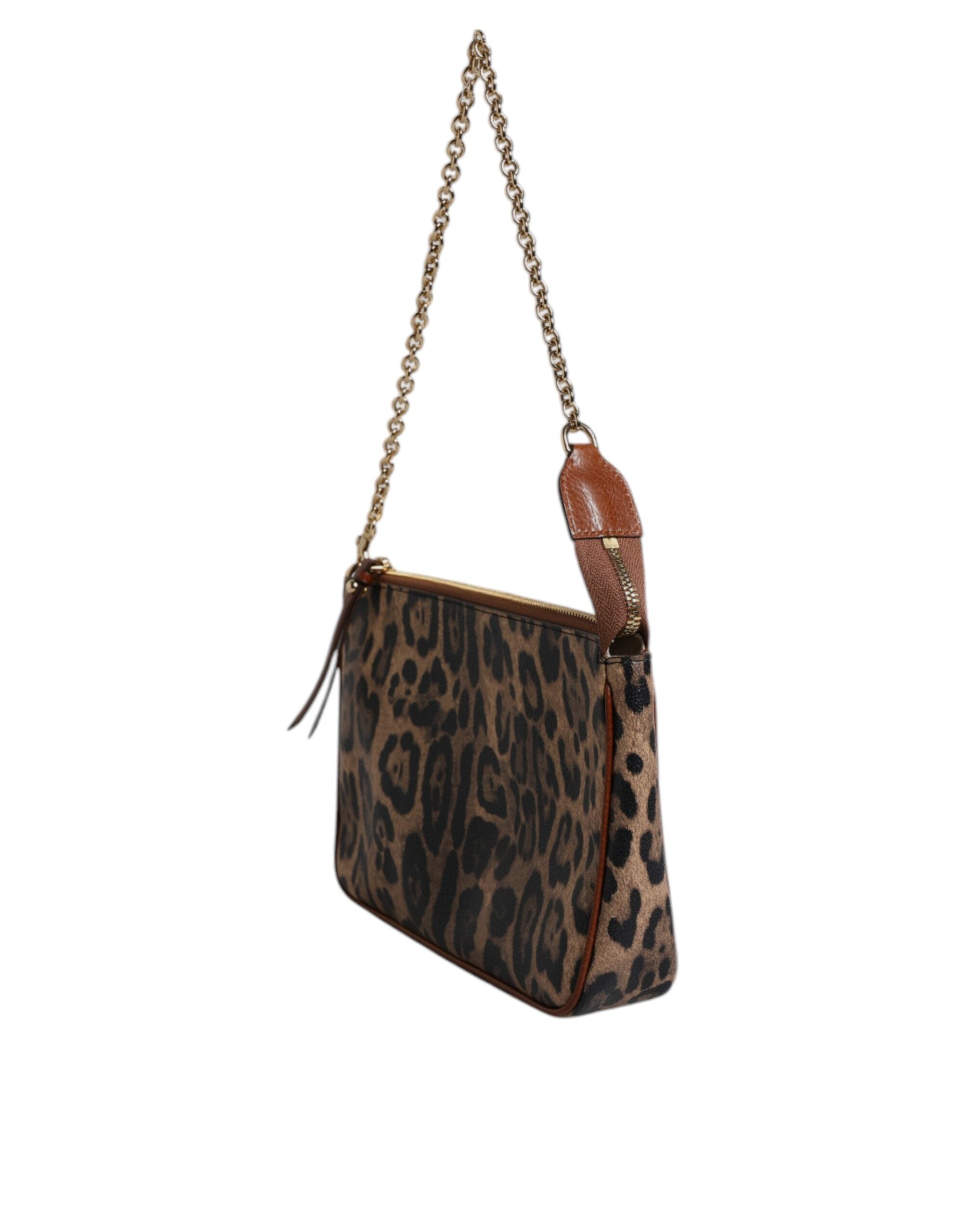 Brown Leopard Leather Shoulder Chain Strap Bag