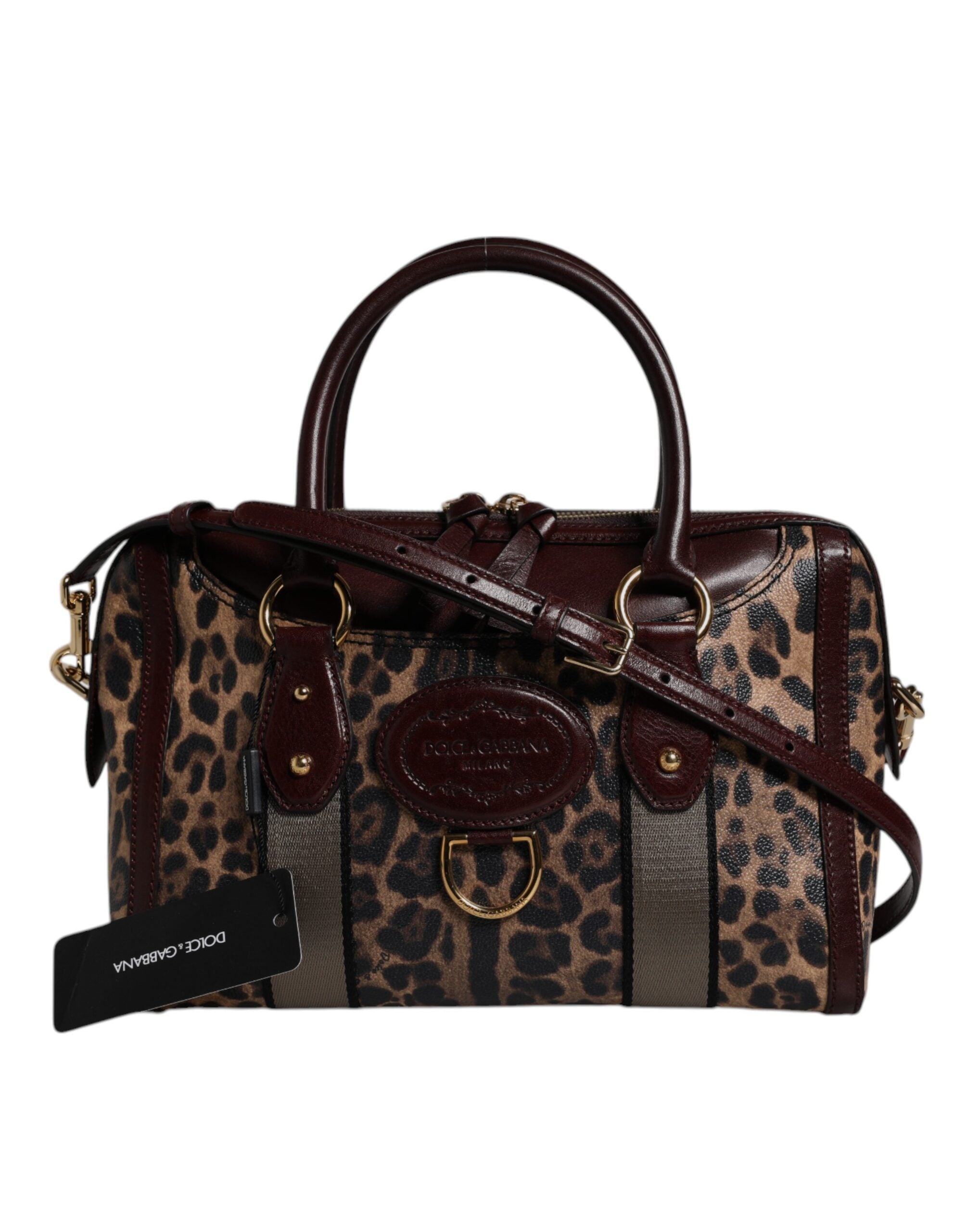 Brown Leopard Leather Shoulder Strap Duffle Bag