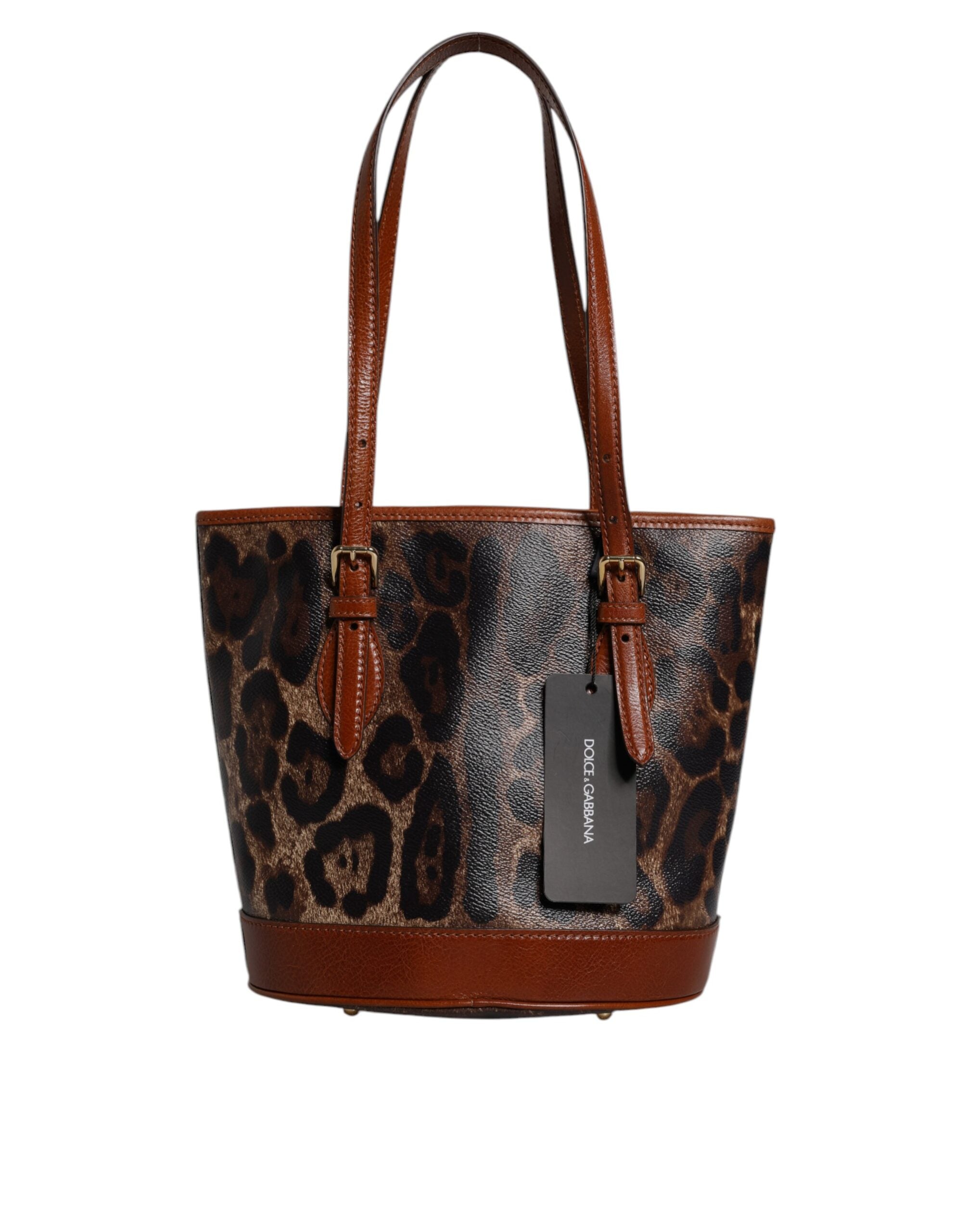 Brown Leopard Leather Shoulder Strap Tote Bag