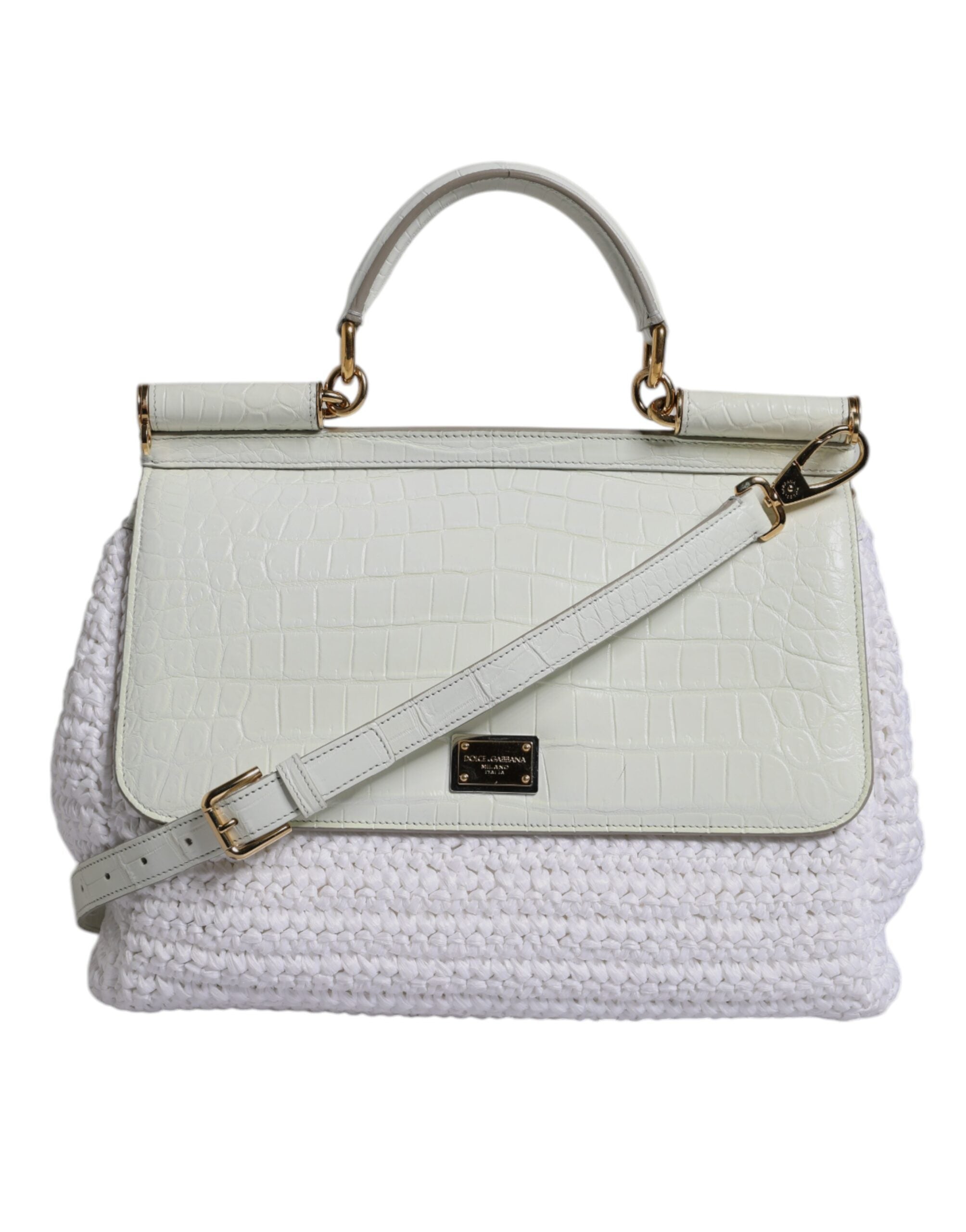 White Rafia Leather Top Handle Crossbody Bag
