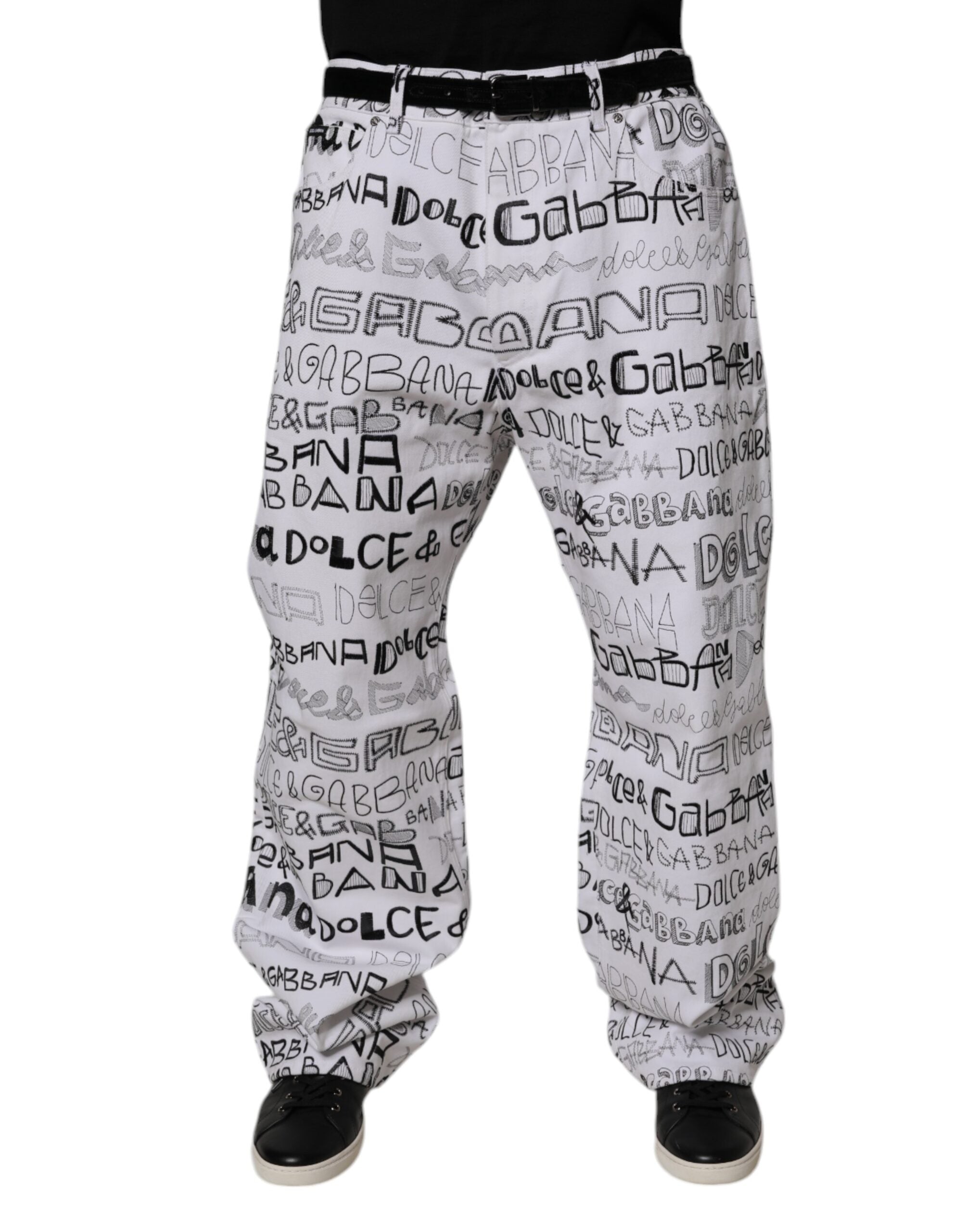 White Logo Print Straight Men Denim Jeans