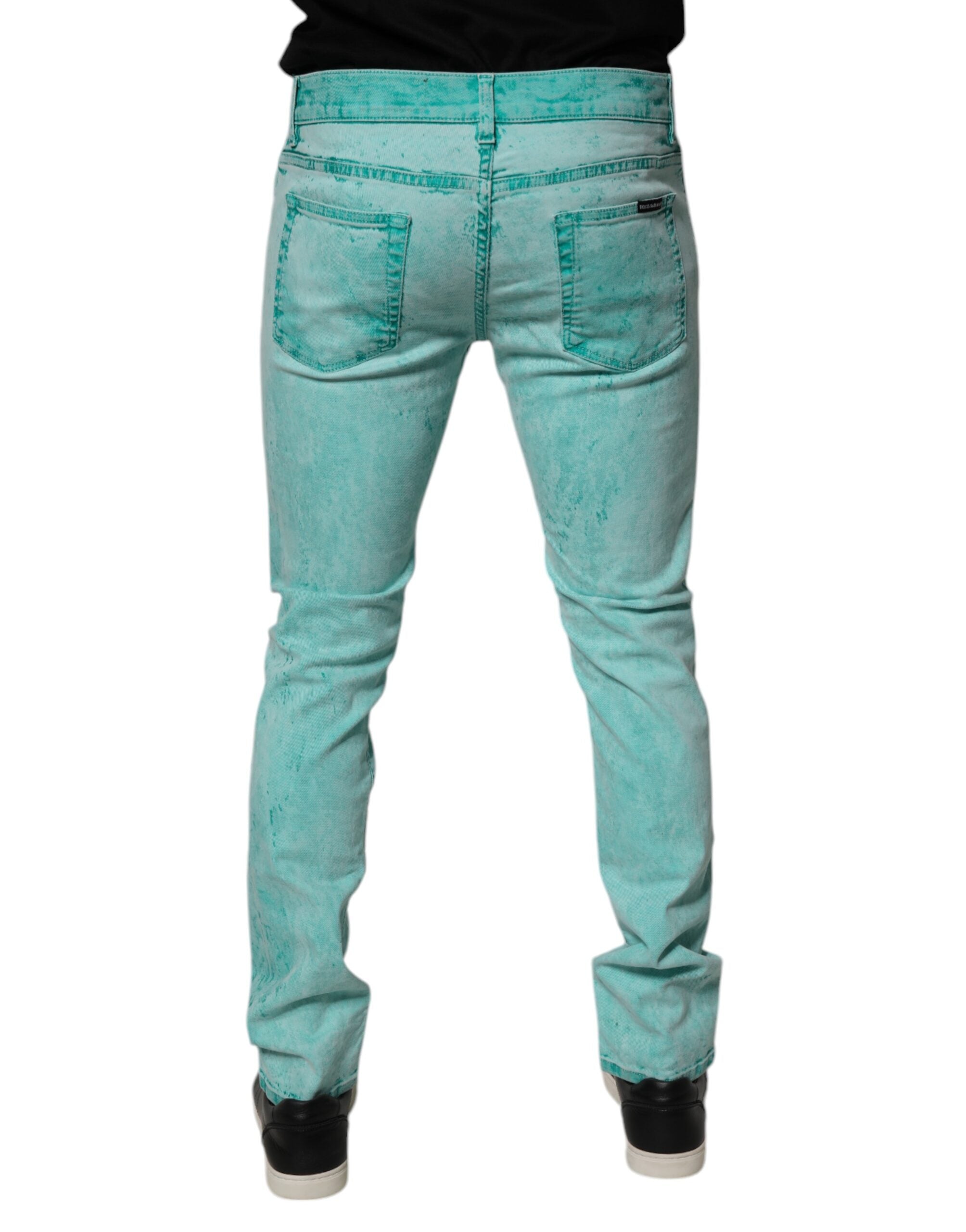 Green Tie Dye Cotton Skinny Men Denim Jeans