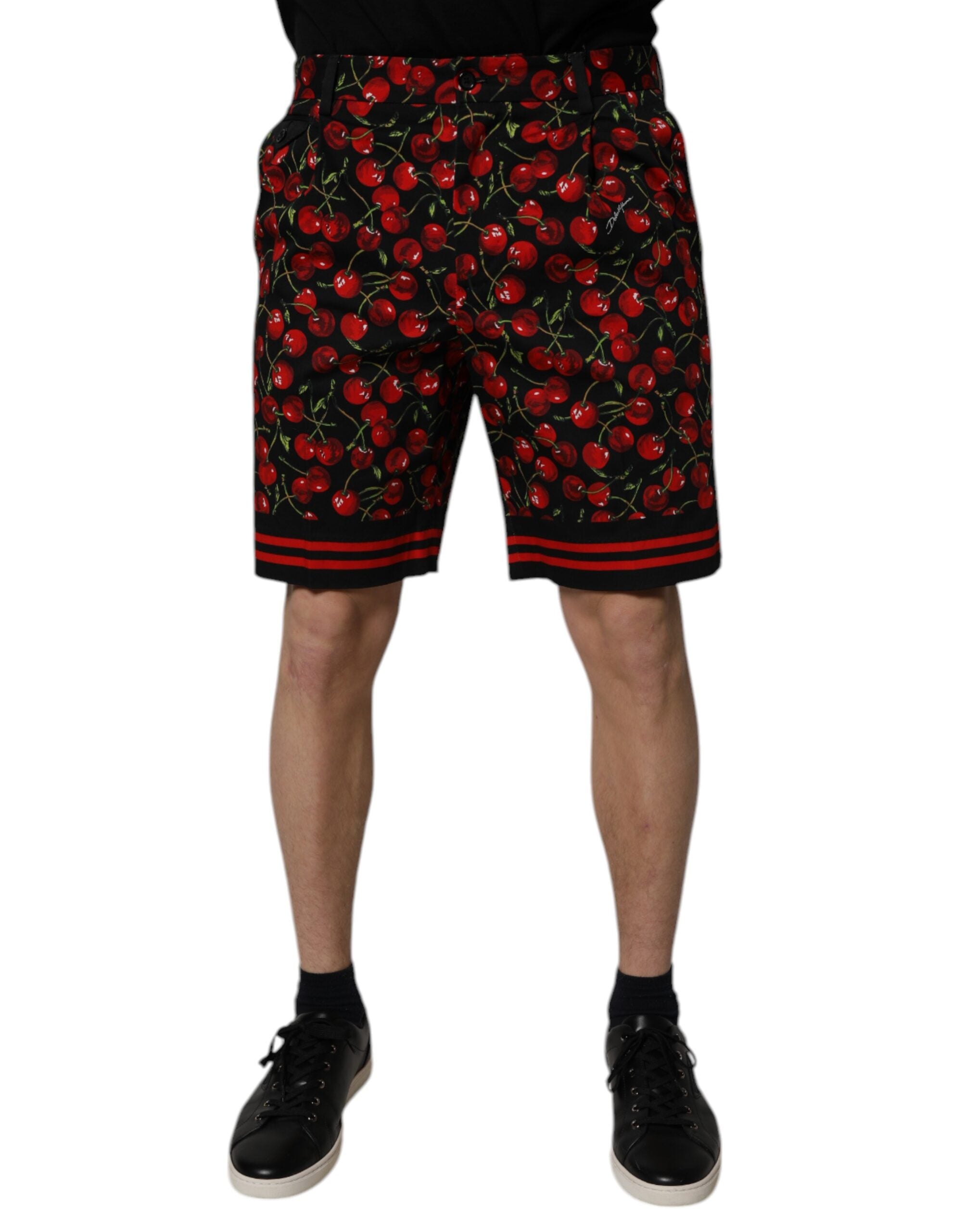 Black Red Cherry Print Bermuda Cotton Shorts