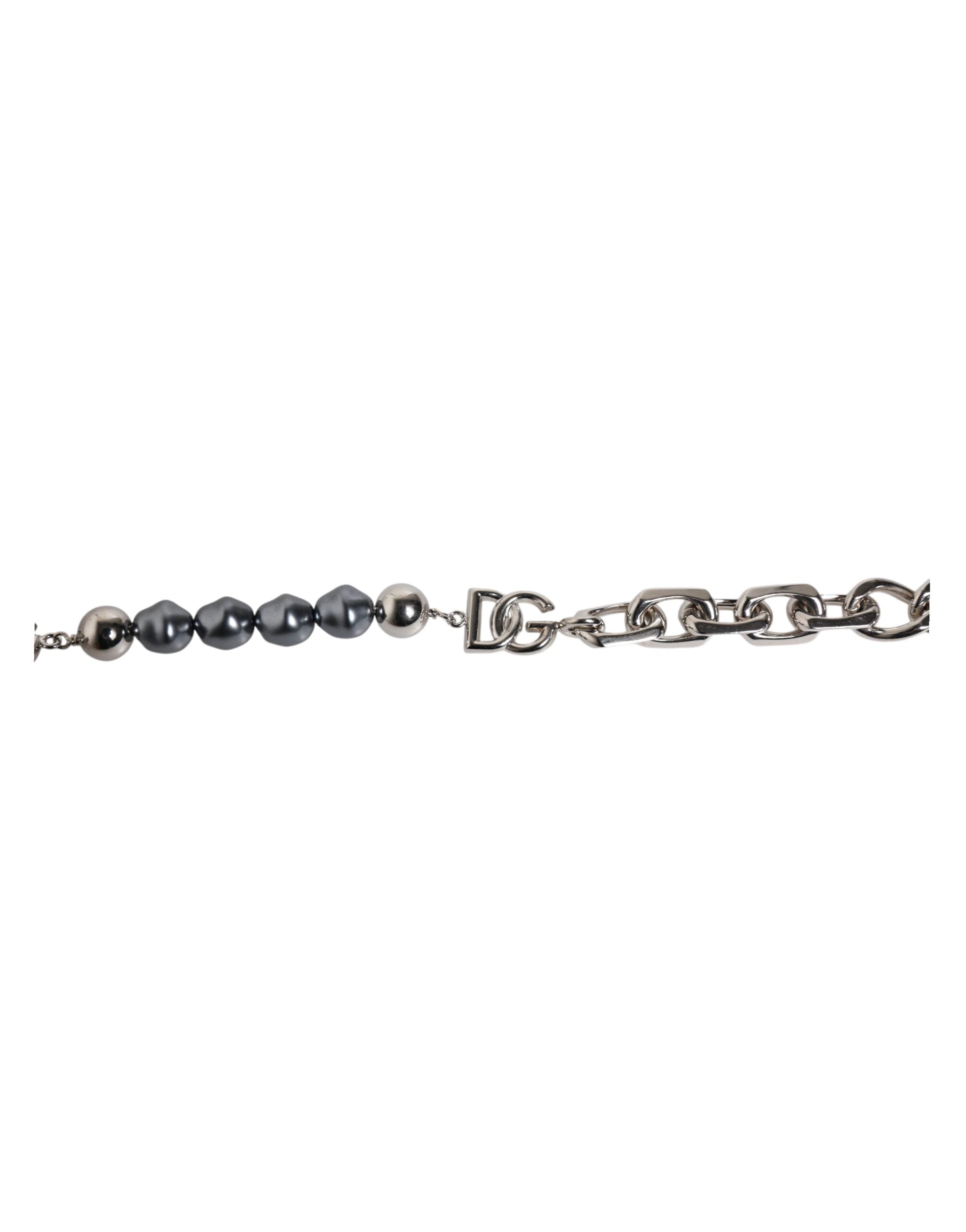 Silver Tone Chain Lobster Clasp Logo Gray Pearls Bracelet