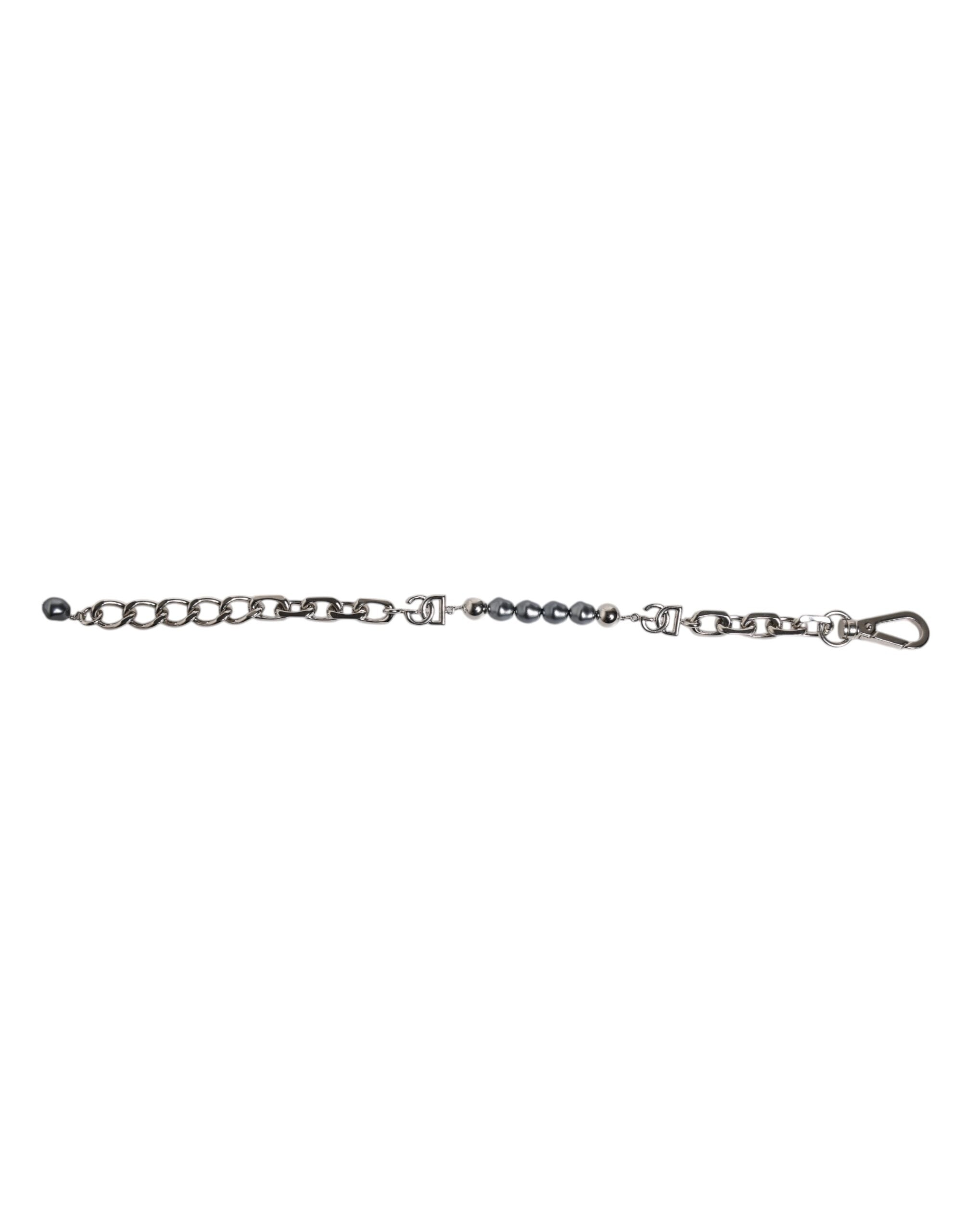 Silver Tone Chain Lobster Clasp Logo Gray Pearls Bracelet