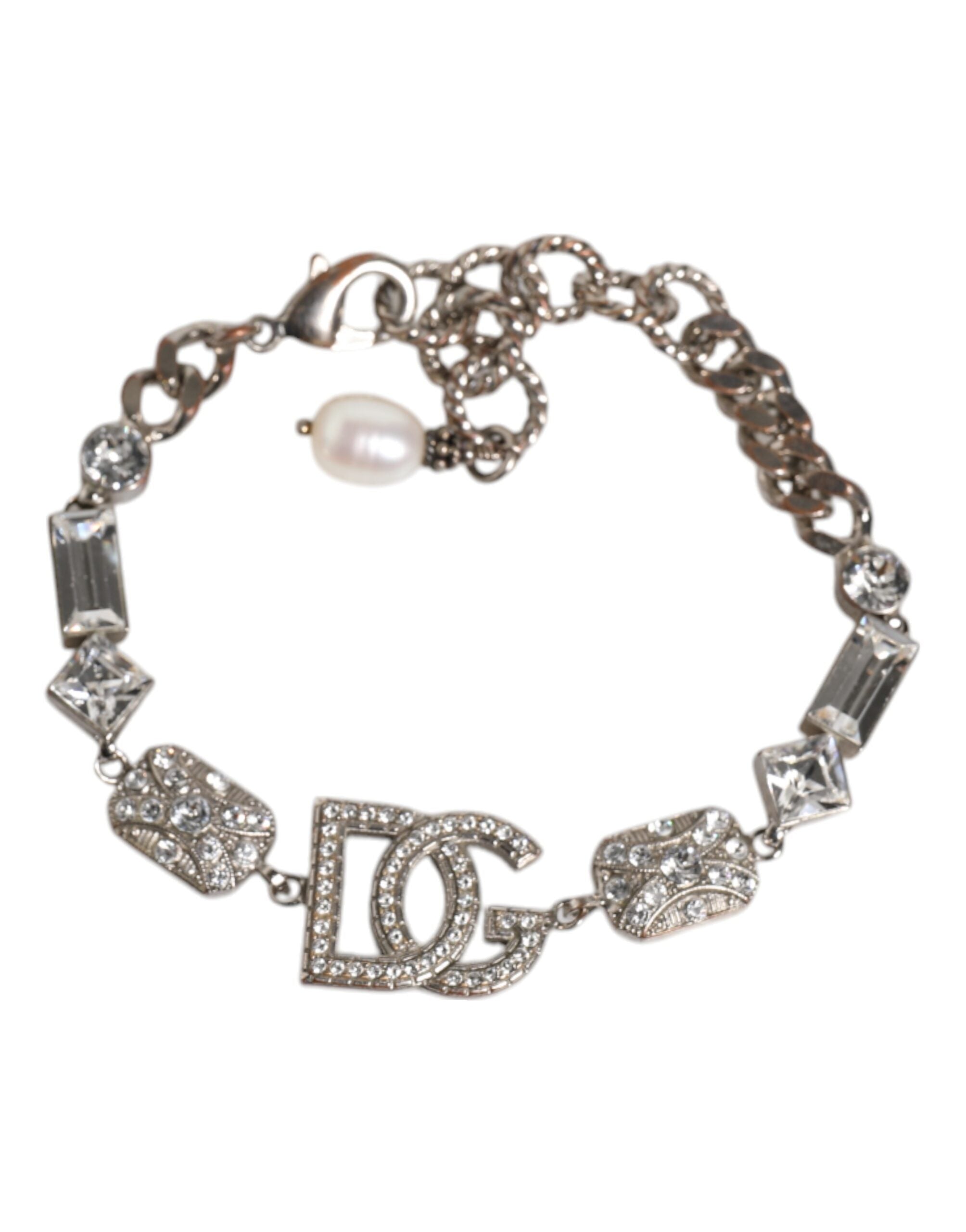 Silver Brass Crystal DG Logo Charm Embellished Bracelet