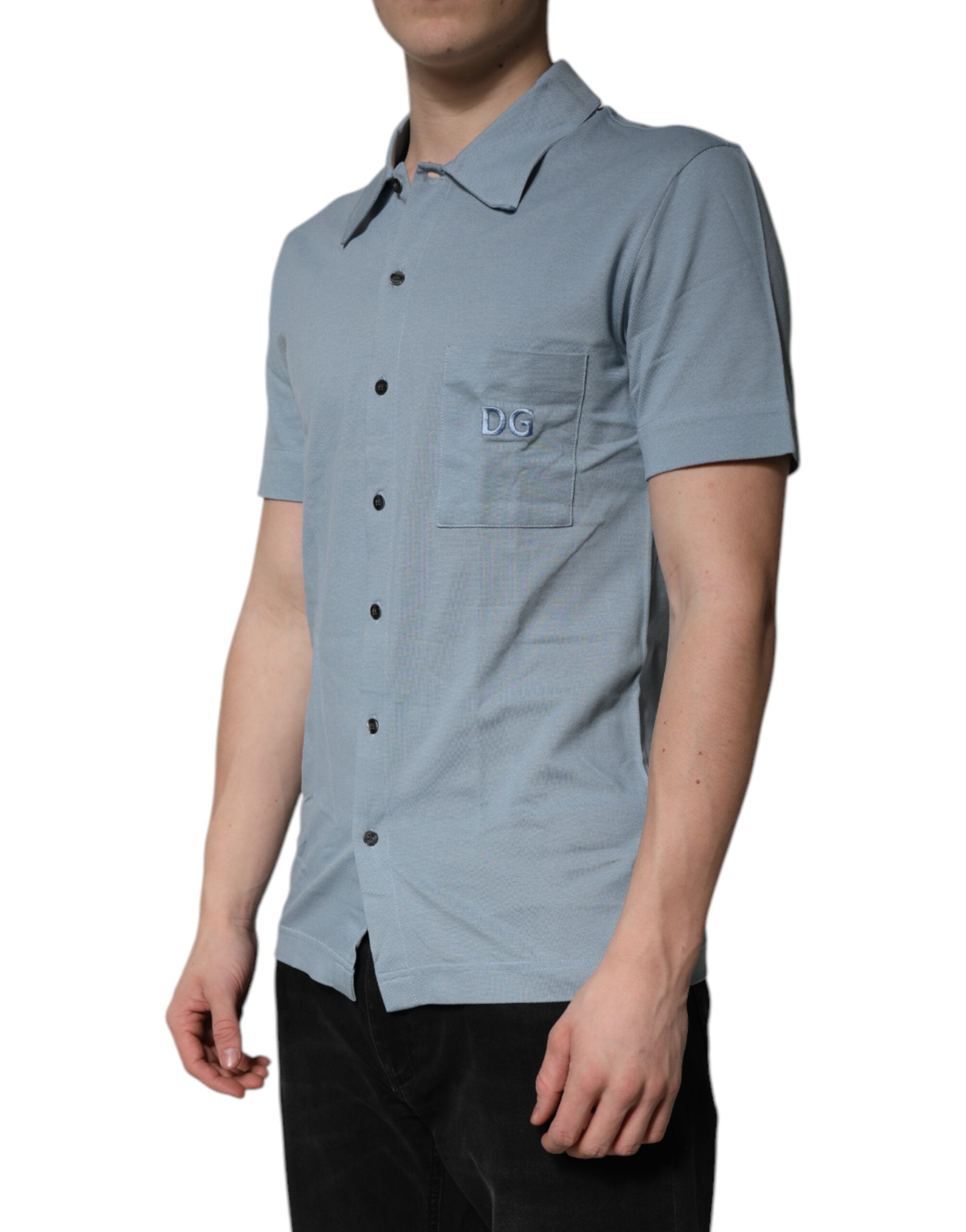Blue Cotton Button Down Casual Men Polo Shirt