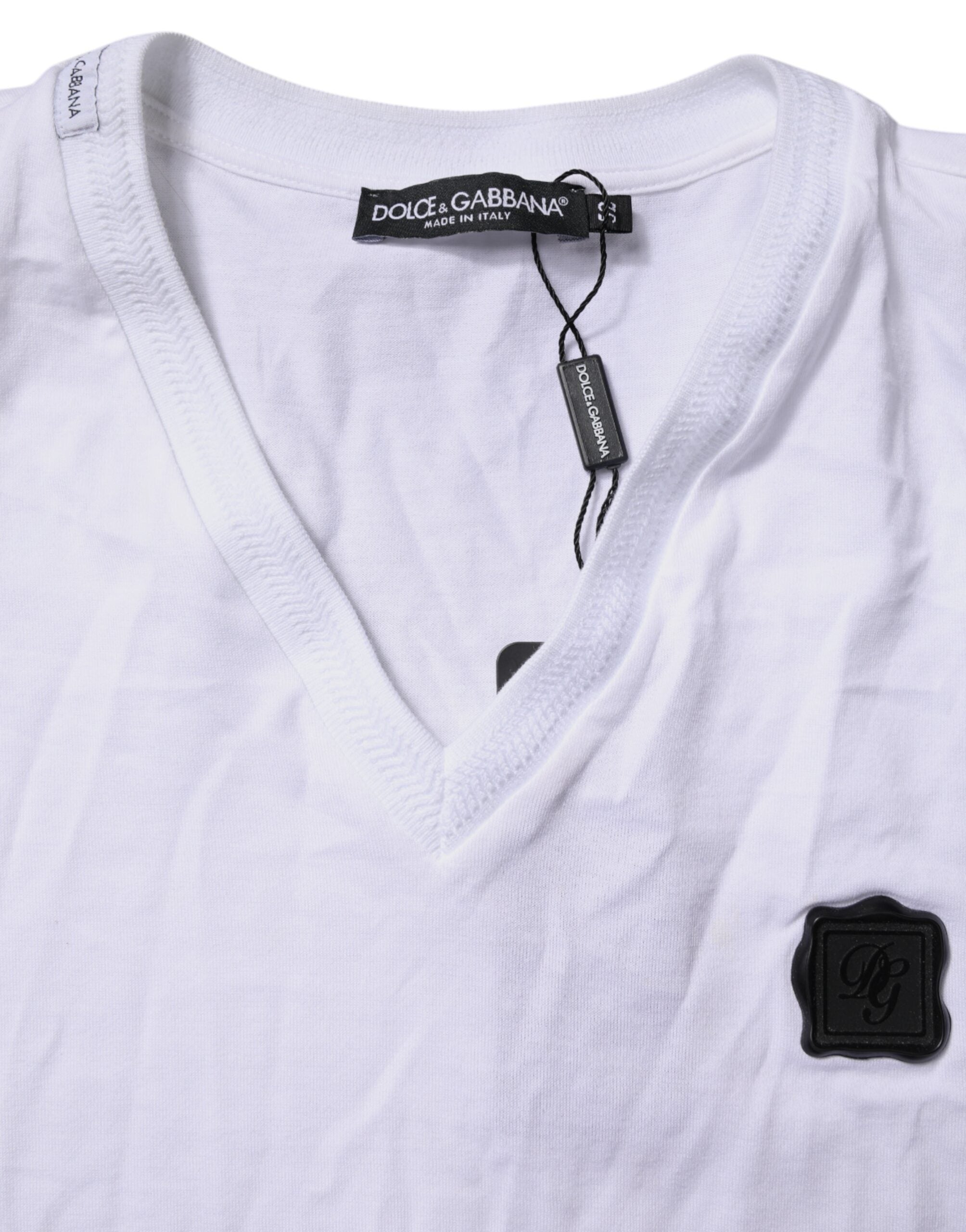 White Cotton Logo Patch V-neck Tee T-shirt