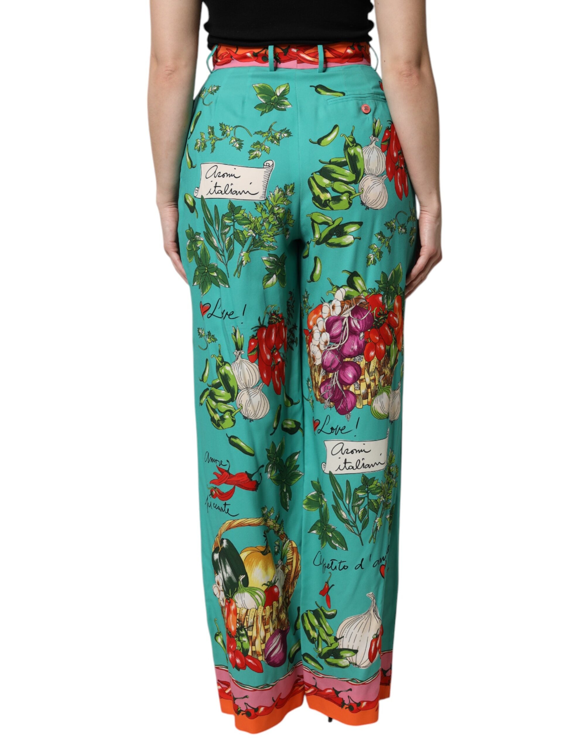 Green Silk Printed Straight Pants