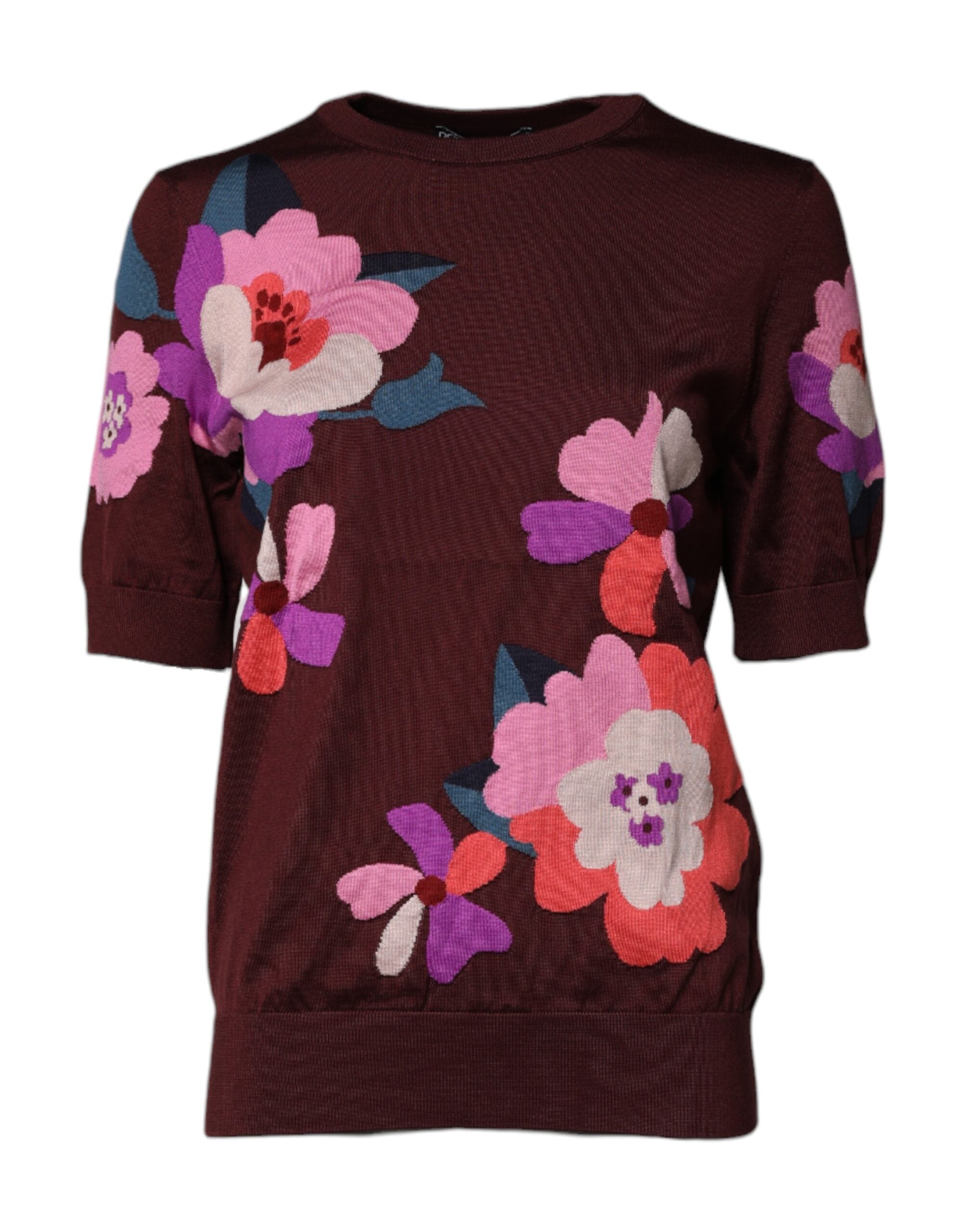 Maroon Floral Silk Crew Neck Blouse Top