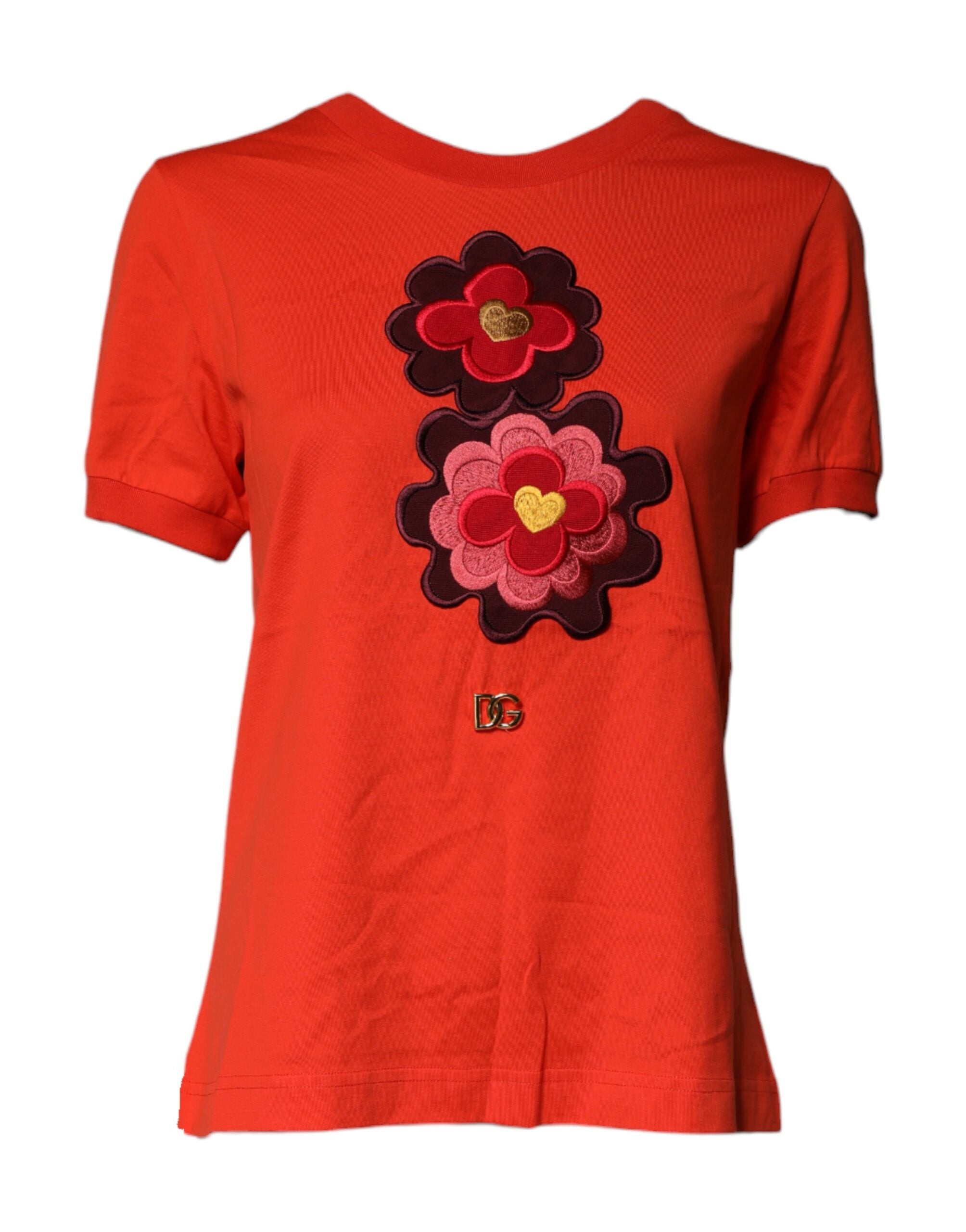 Red Floral Embroidery Cotton Crew Neck T-shirt