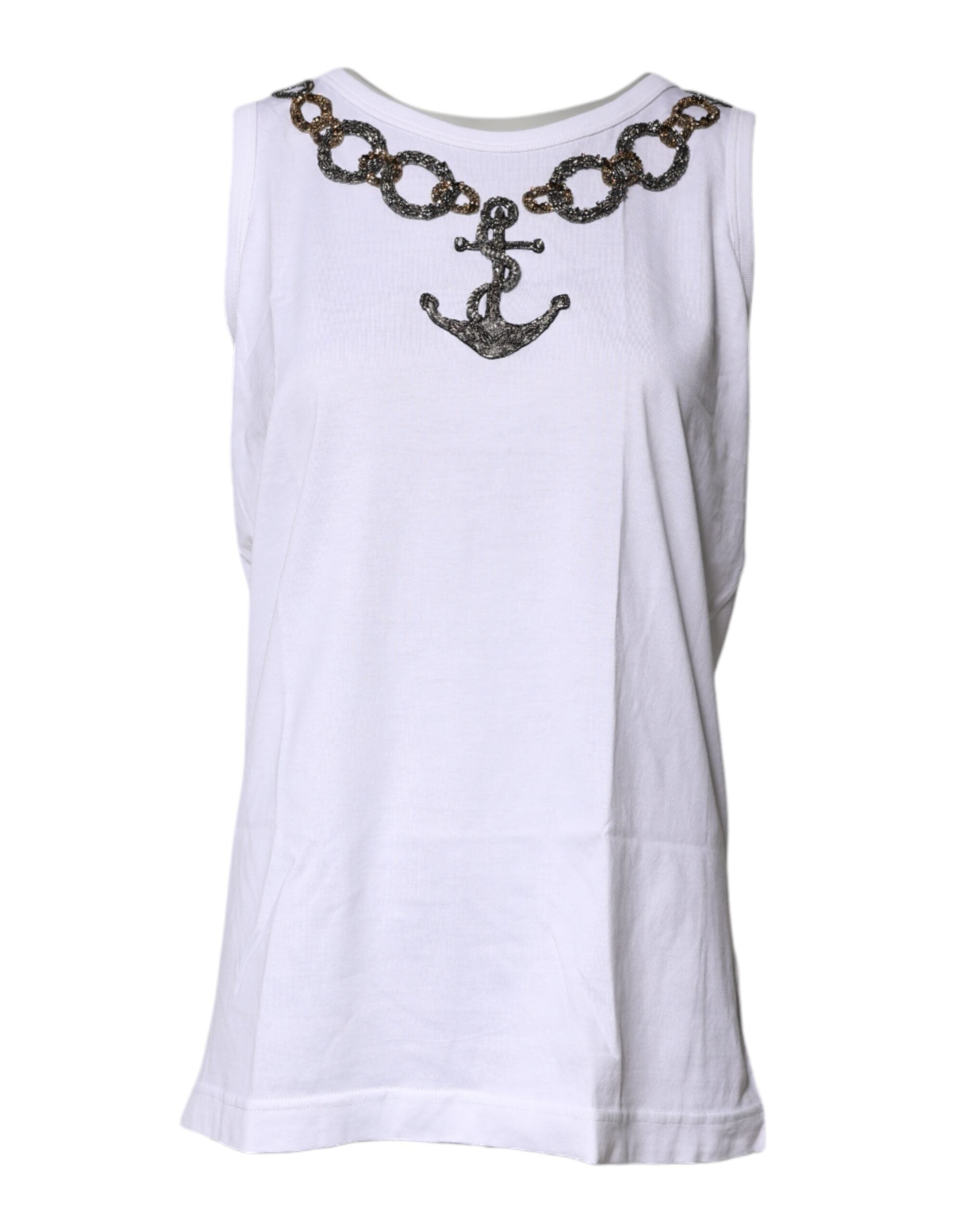 White Cotton Anchor Chain Embroidery Tank Top