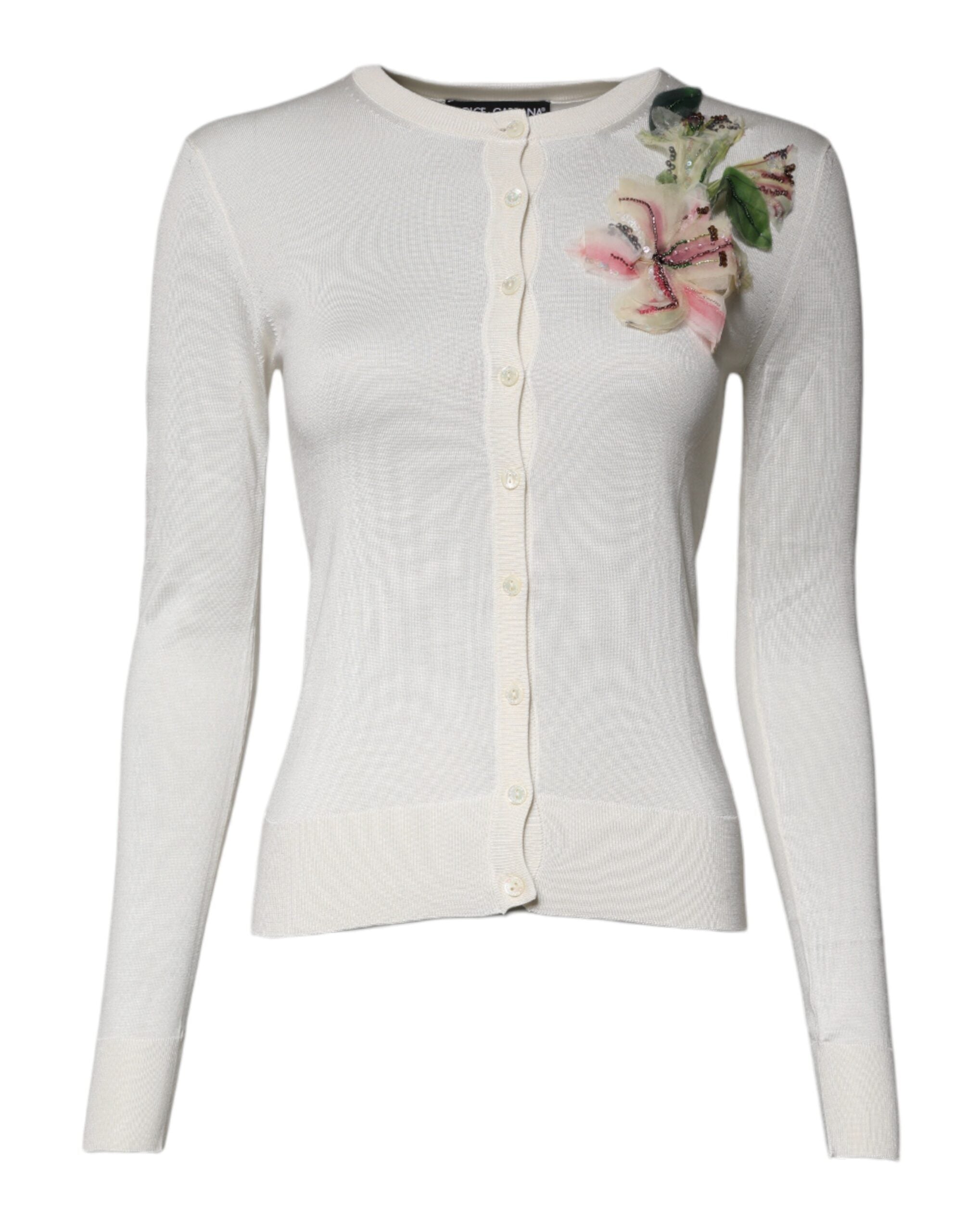 Cream Floral Silk Embellished Cardigan Sweater