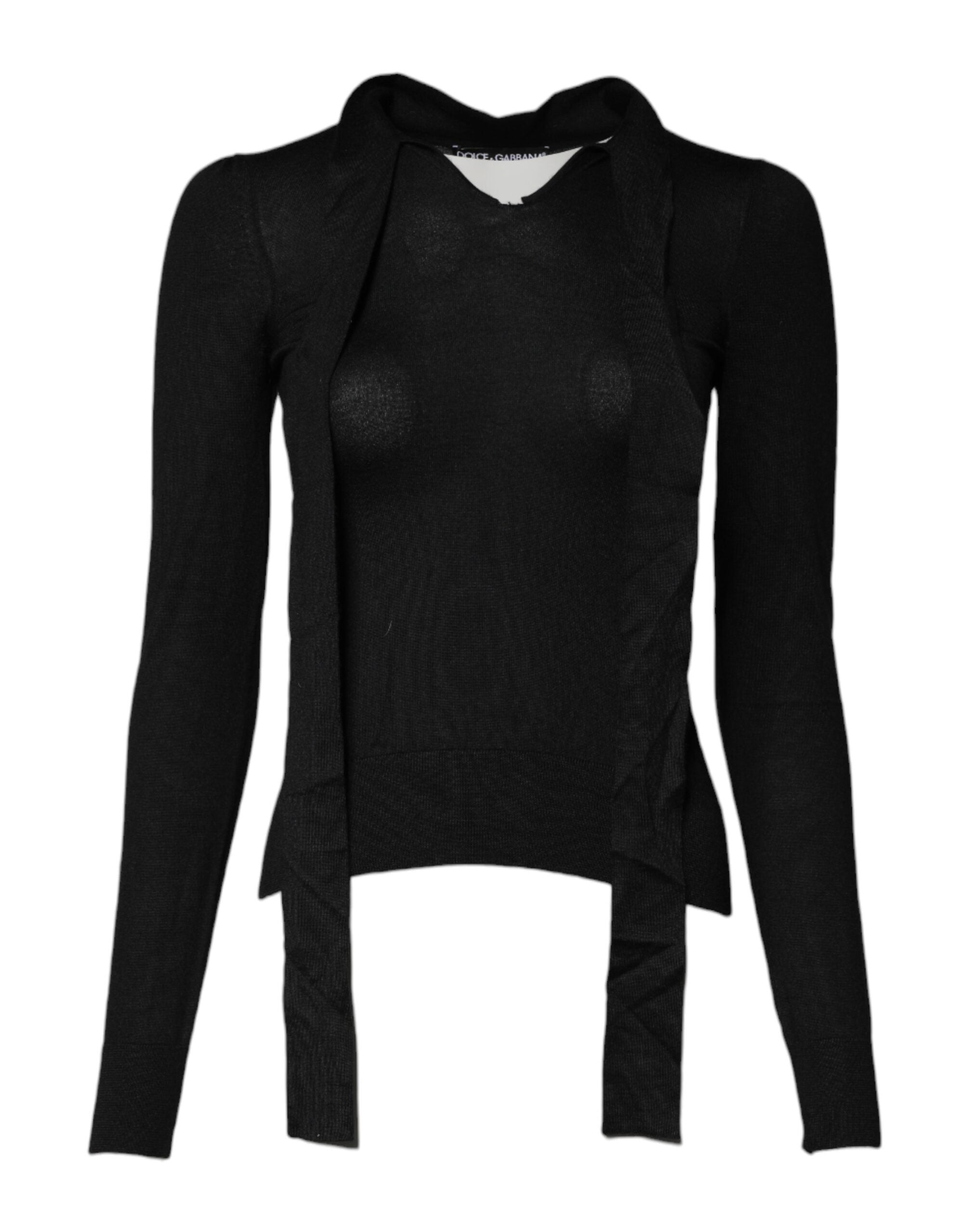 Black Cashmere Ascot Collar Long Sleeve Top