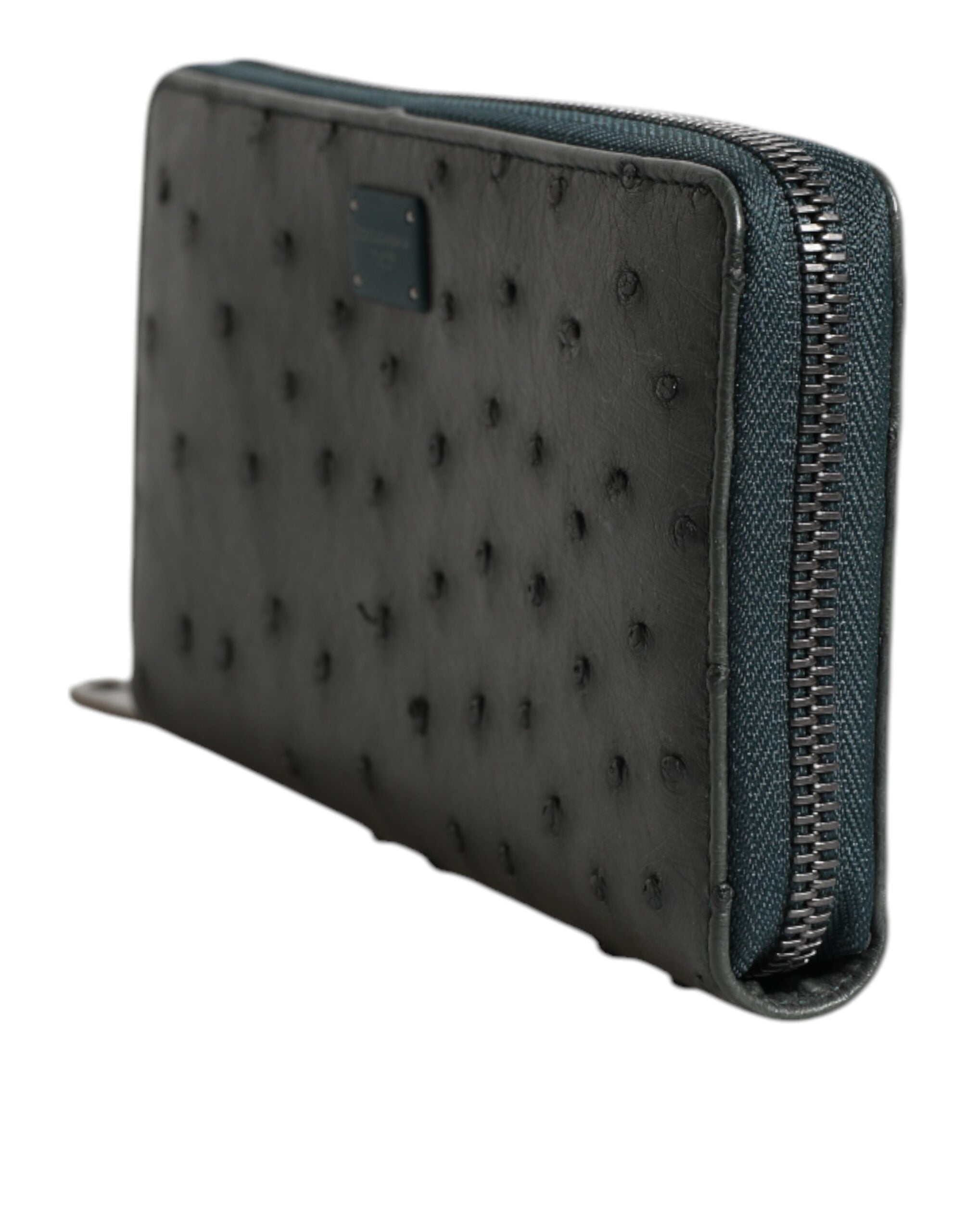 Green Ostrich Logo Plaque Zip Around Continental Wallet
