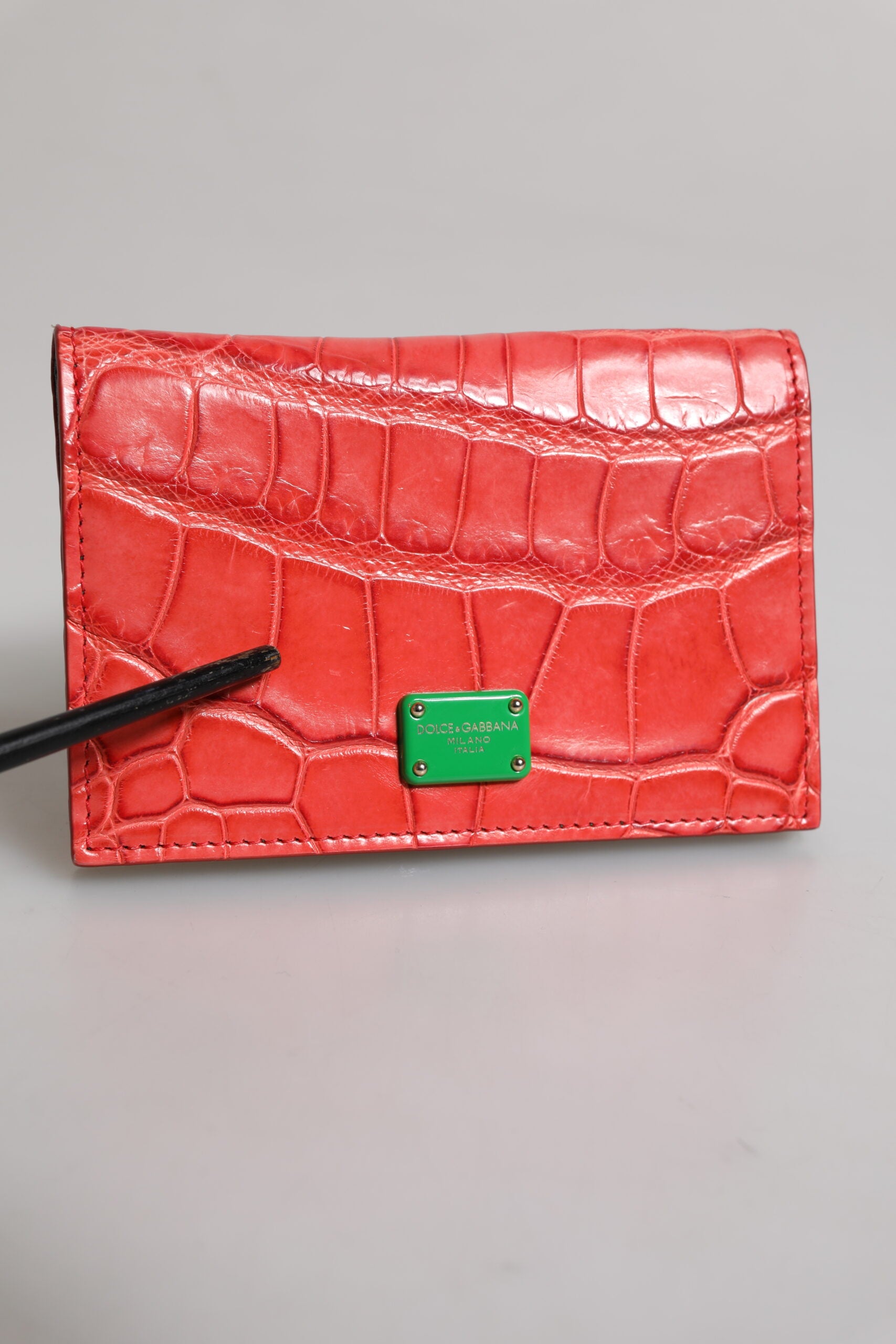 Red Exotic Leather Logo Plaque Card Holder Wallet