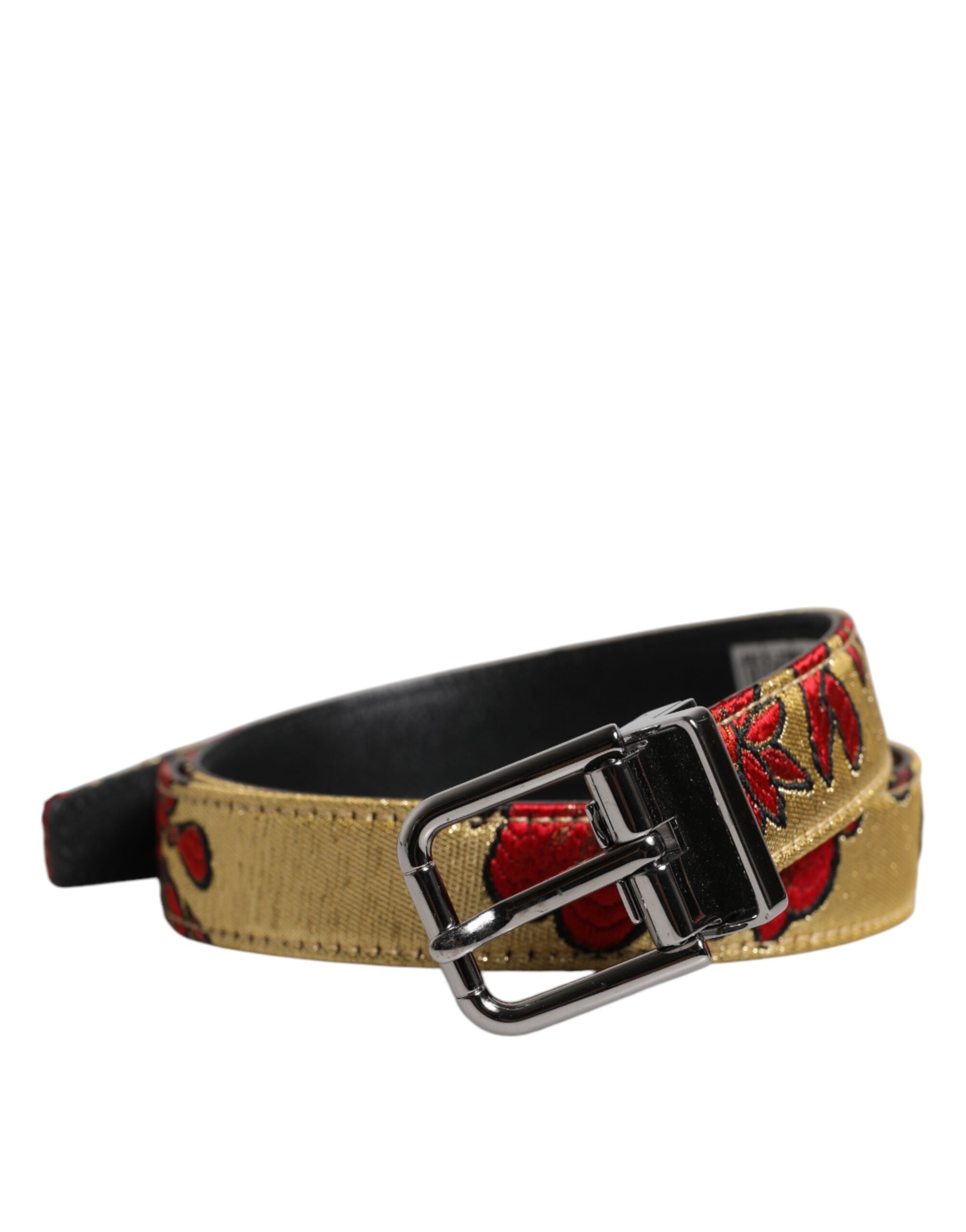 Gold Floral Jacquard Leather Metal Buckle Belt