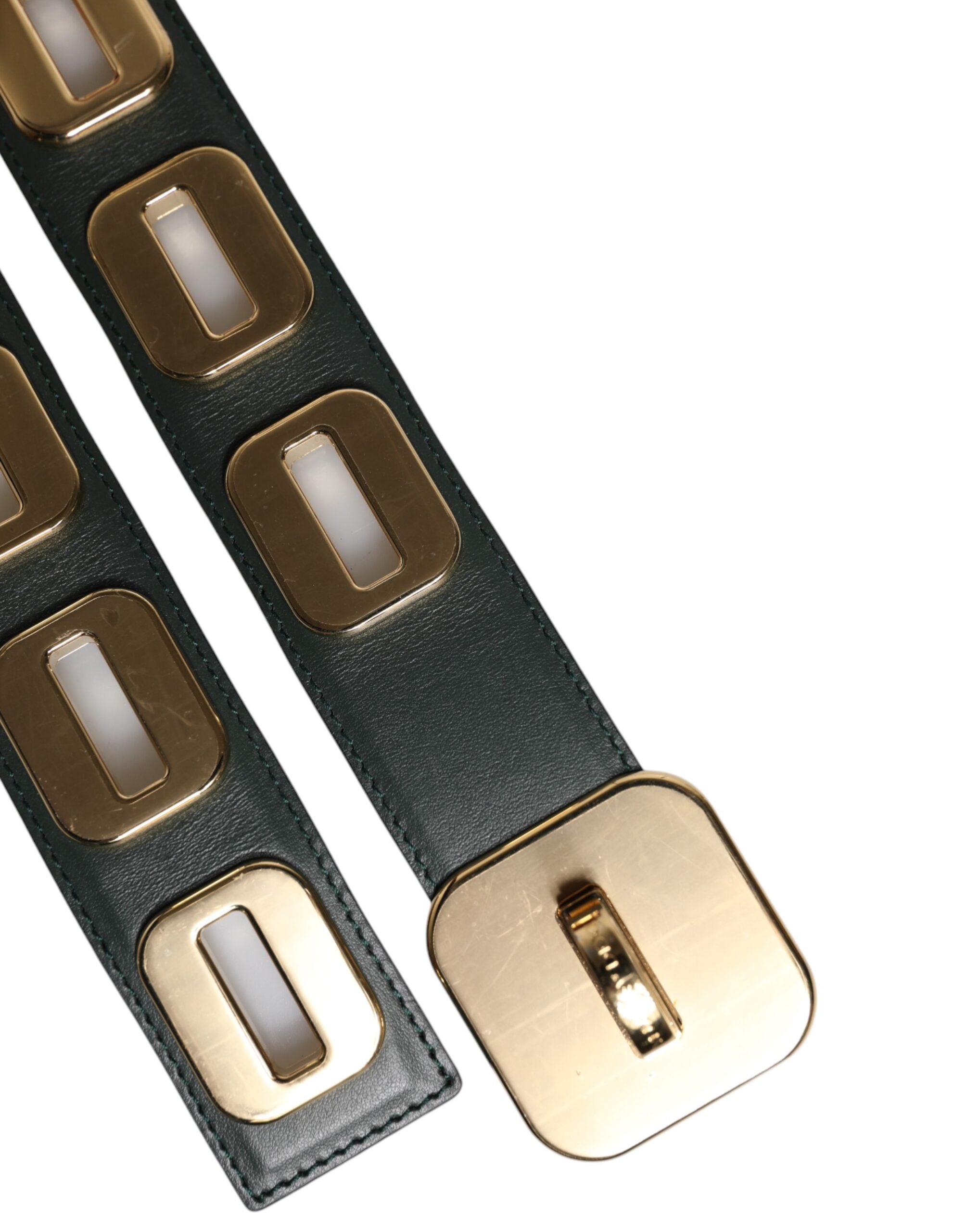 Green Leather Gold Tone Rotating Buckle Belt