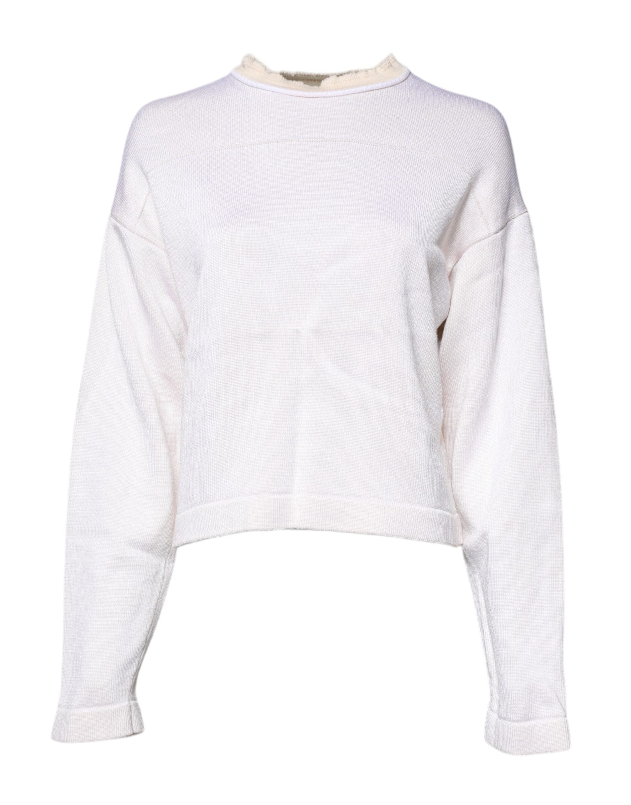 White Viscose Crew Neck Long Sleeves Pullover Sweater