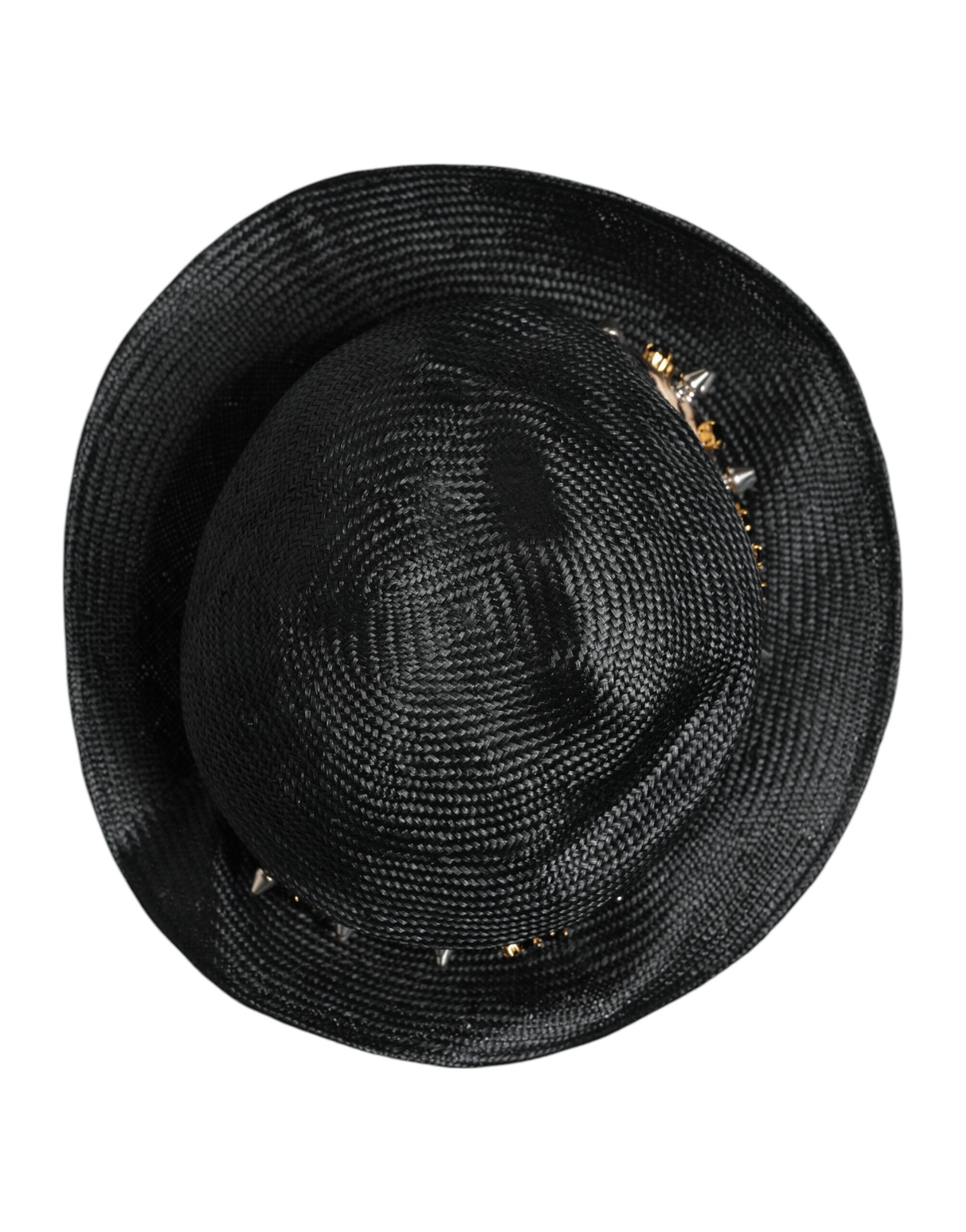 Black Straw Crystal Embellished Wide Brim Hat