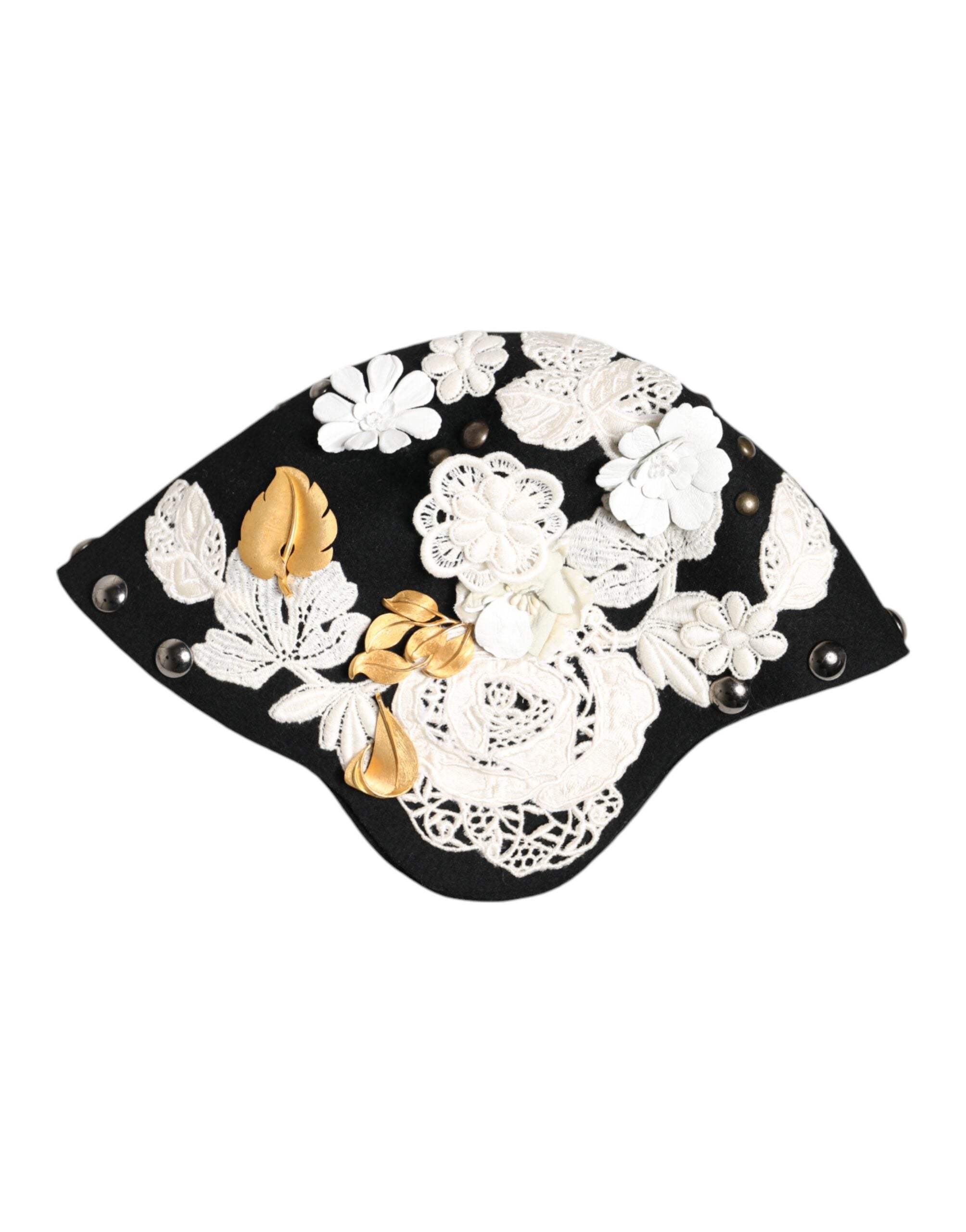 Black Wool White Floral Gold Leaf Cloche Hat
