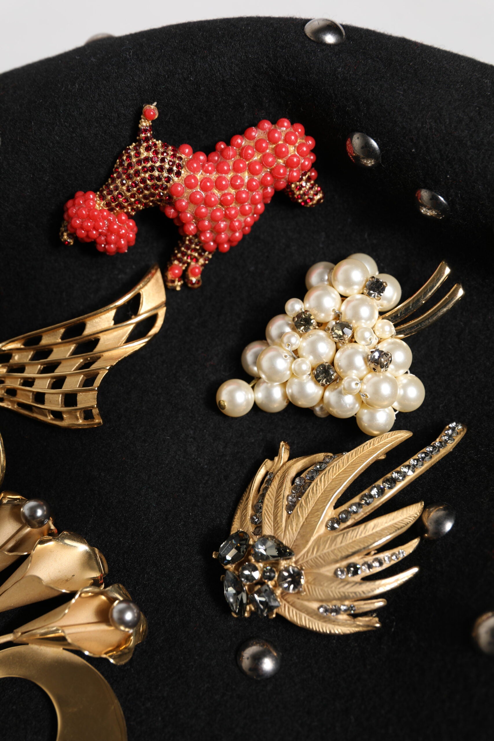 Black Wool Multicolor Embellished Cloche Hat