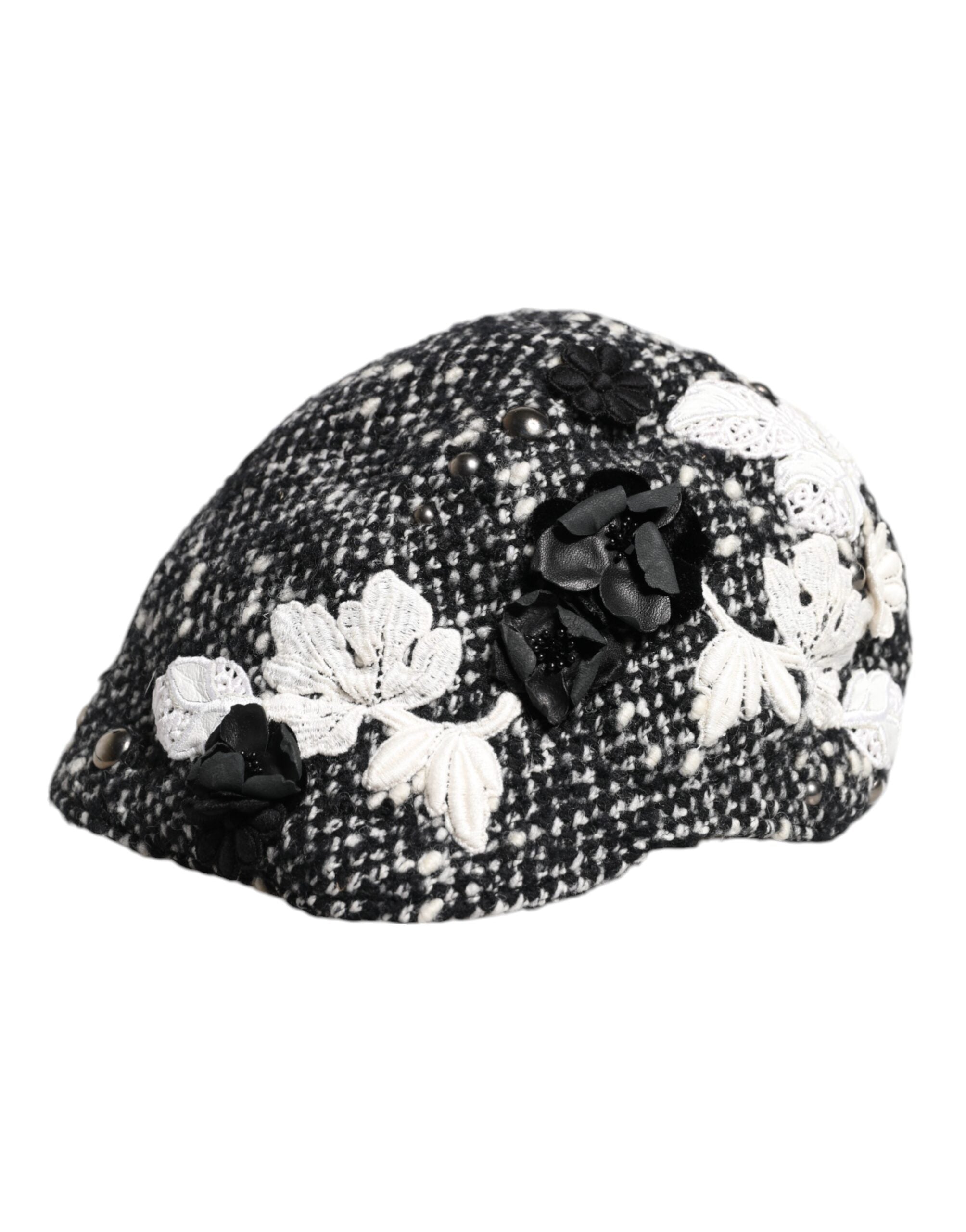 Black Wool White Floral Embellished Cloche Hat