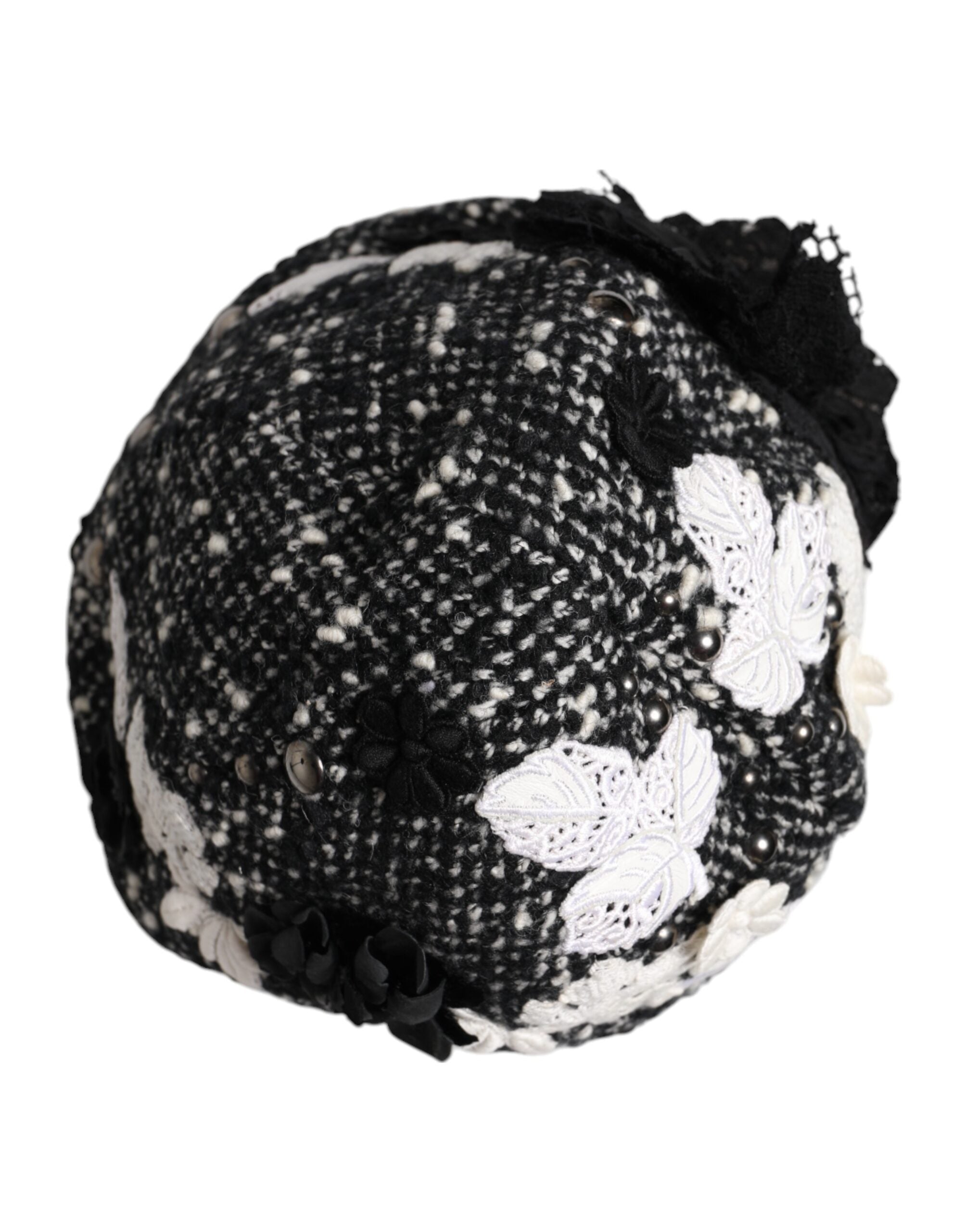 Black Wool White Floral Embellished Cloche Hat