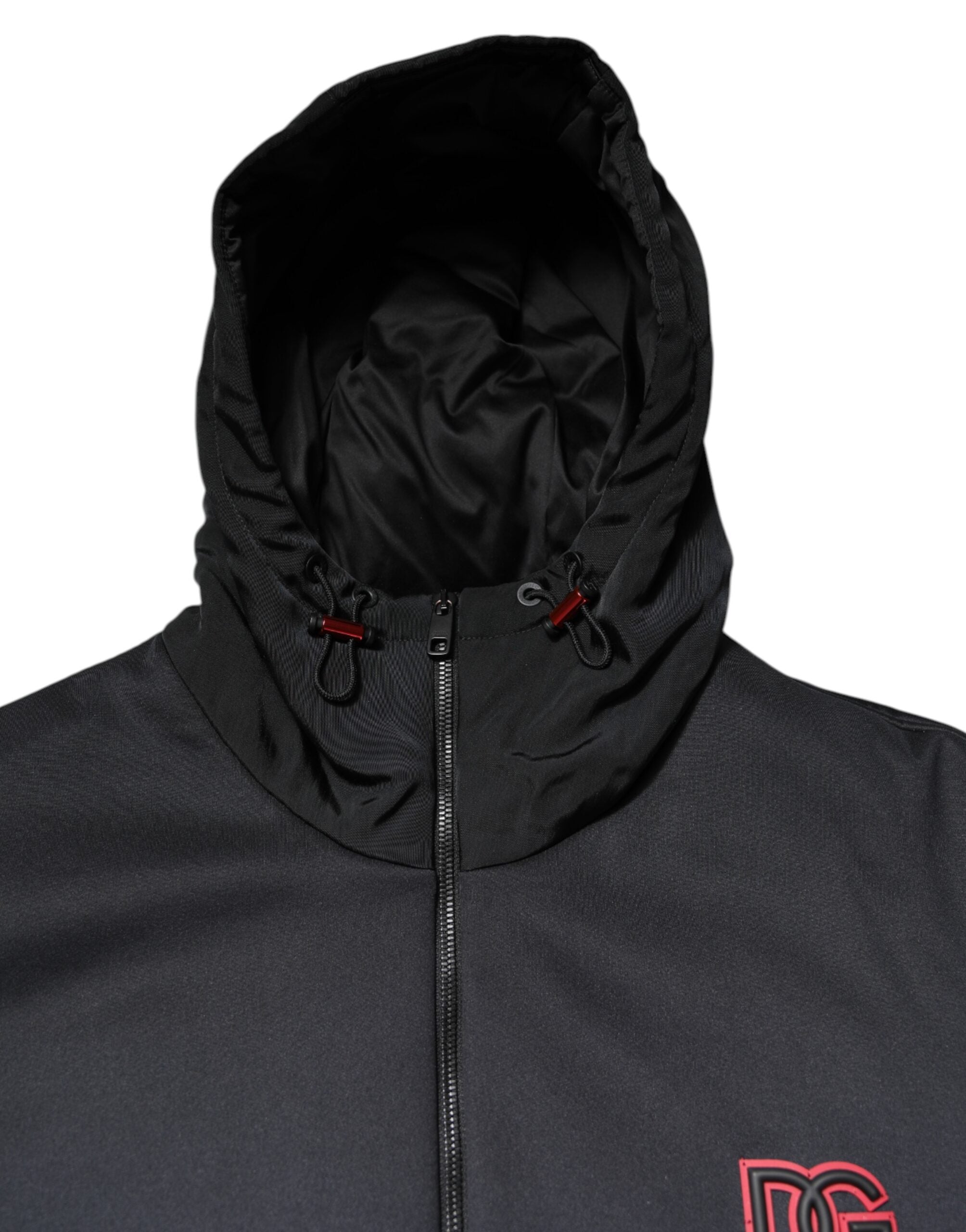 Black Polyester DG Hooded Full Zip Jacket